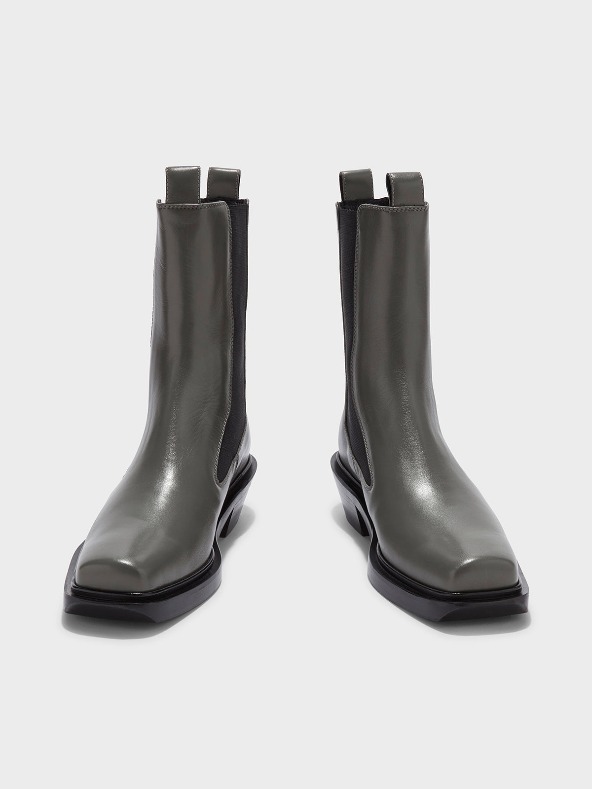 Aeyde | Antonia Leather Biker Boots Leather Ankle Boots for Women | Cement Calf | Square Toe | Low Heel | Front View