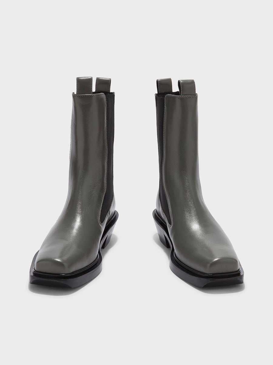 Aeyde | Antonia Leather Biker Boots Leather Ankle Boots for Women | Cement Calf | Square Toe | Low Heel | Front View