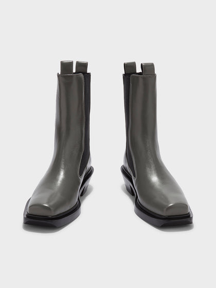 Aeyde | Antonia Leather Biker Boots Leather Ankle Boots for Women | Cement Calf | Square Toe | Low Heel | Front View