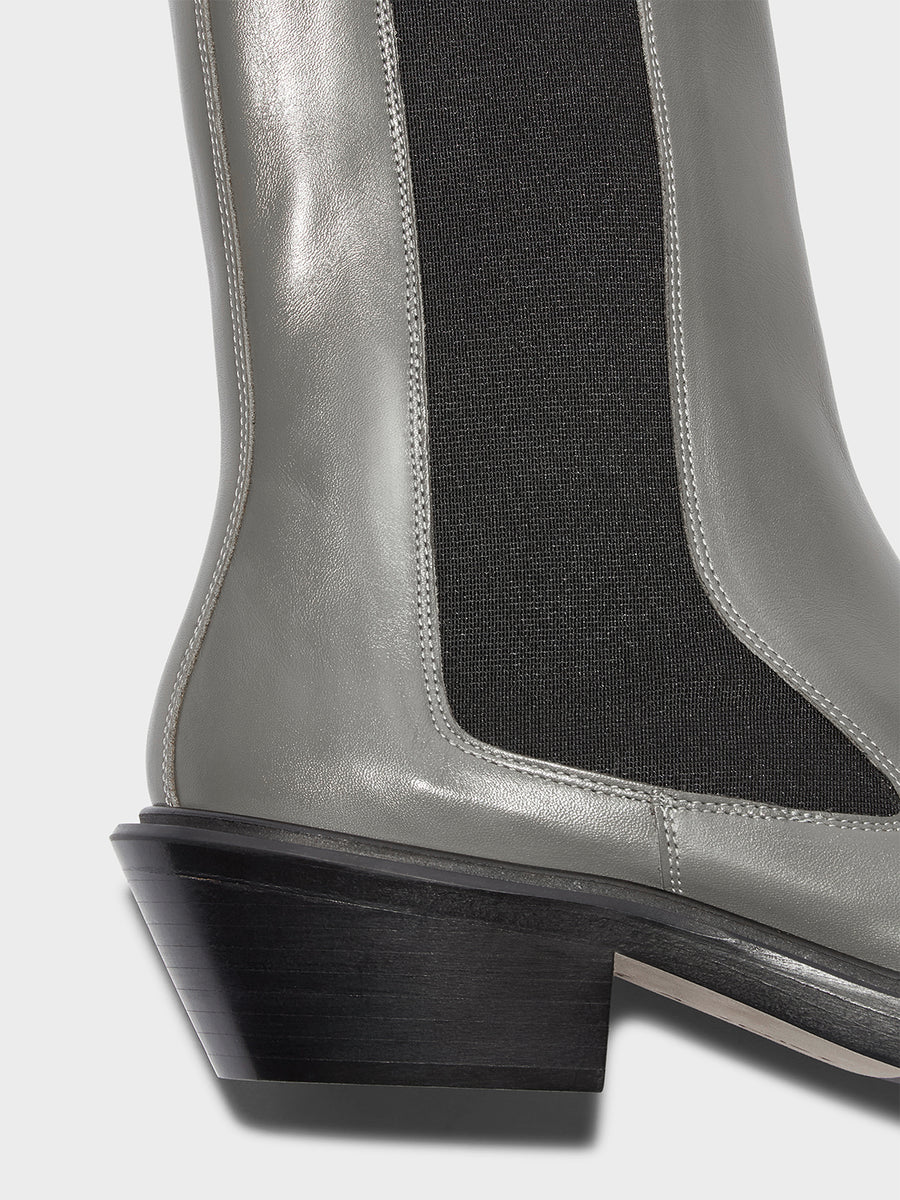 Aeyde | Antonia Leather Biker Boots Leather Ankle Boots for Women | Cement Calf | Square Toe | Low Heel | Heel Details