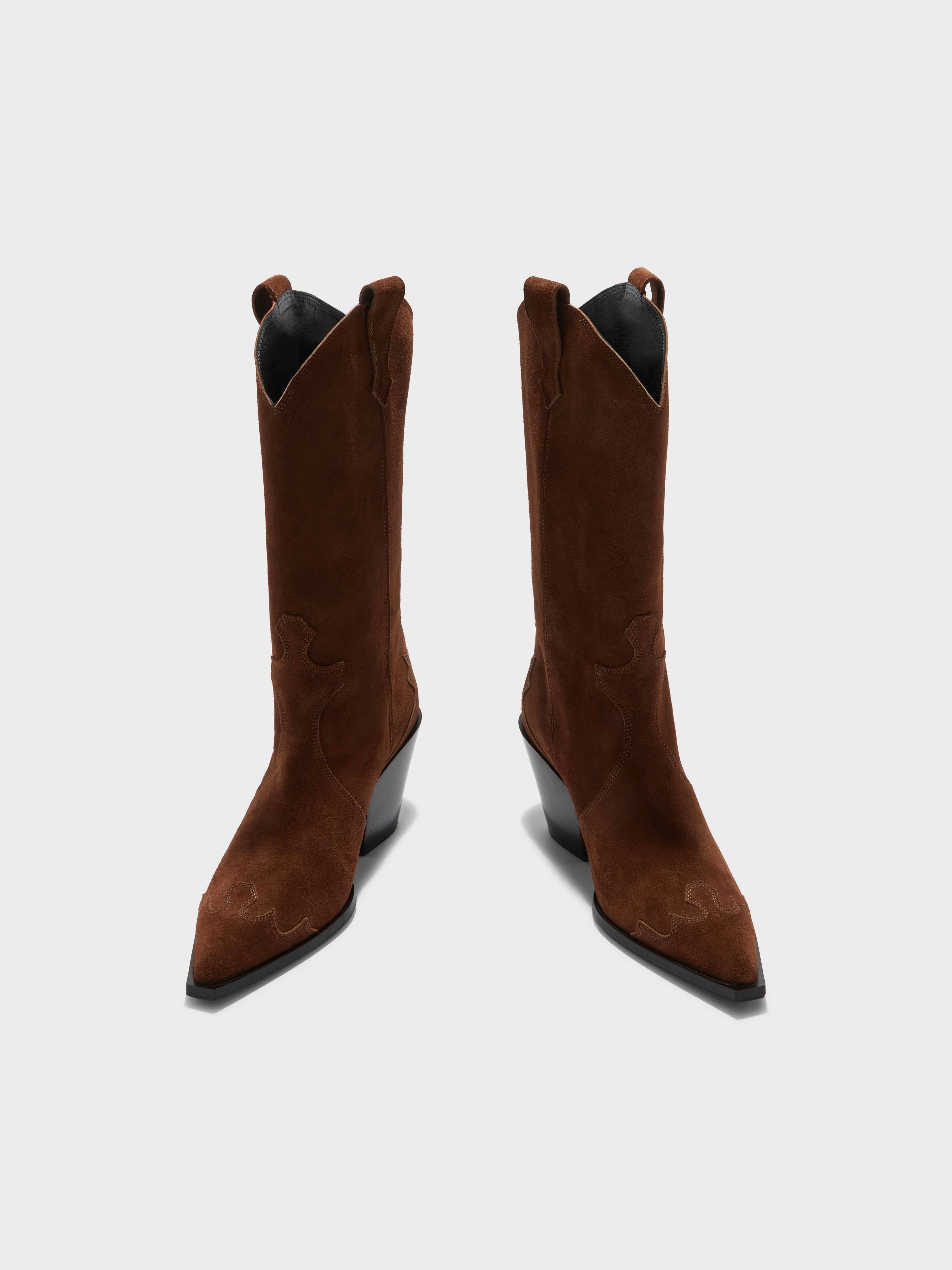 Aeyde | Ariel Suede Cowboy Boots Leather Ankle Boots for Women | Brown Suede | Pointed Toe | High Heel | Luxury Materials | Handmade in Italy