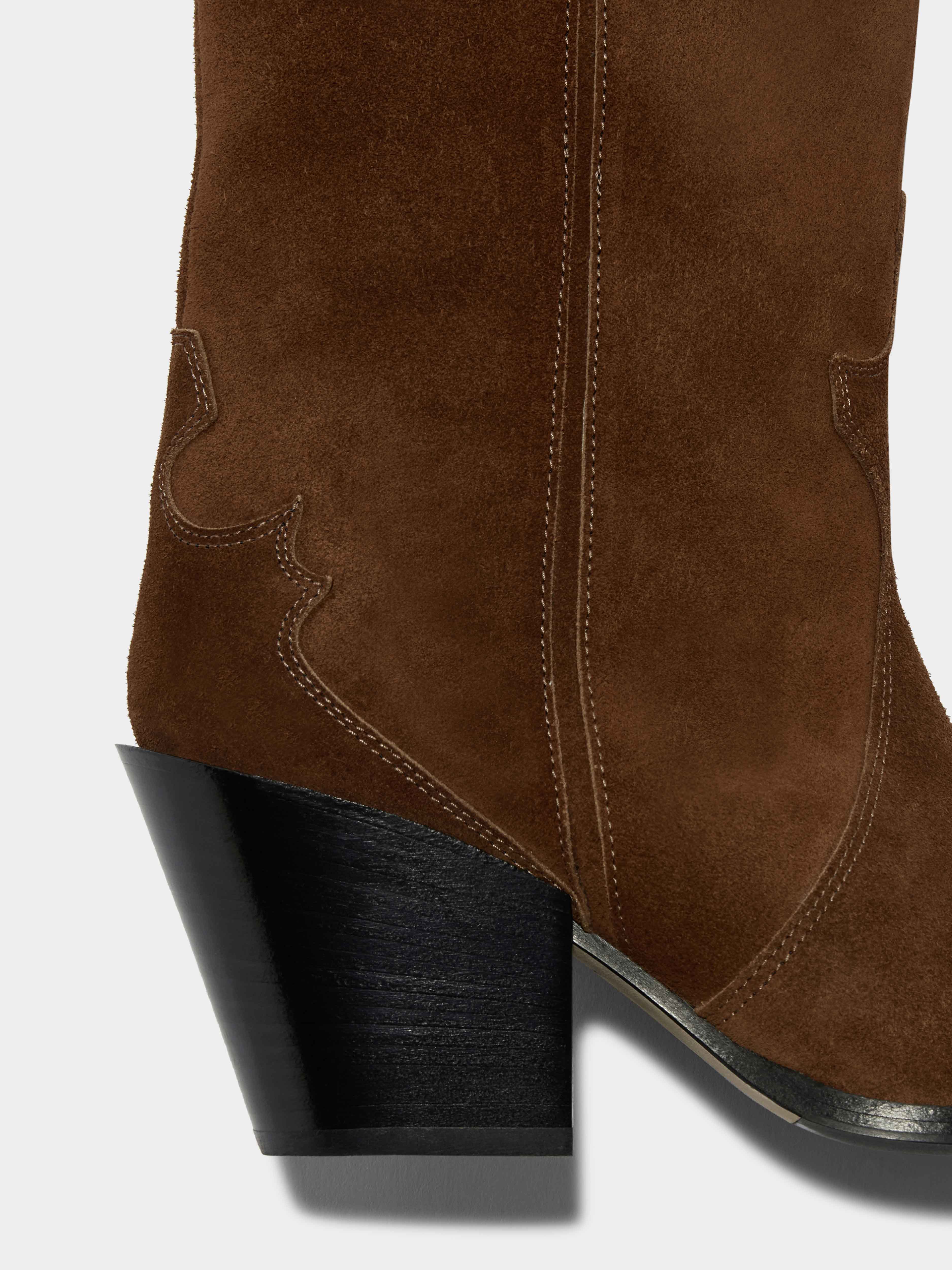 Aeyde | Ariel Suede Cowboy Boots Leather Ankle Boots for Women | Brown Suede | Pointed Toe | High Heel | Front View