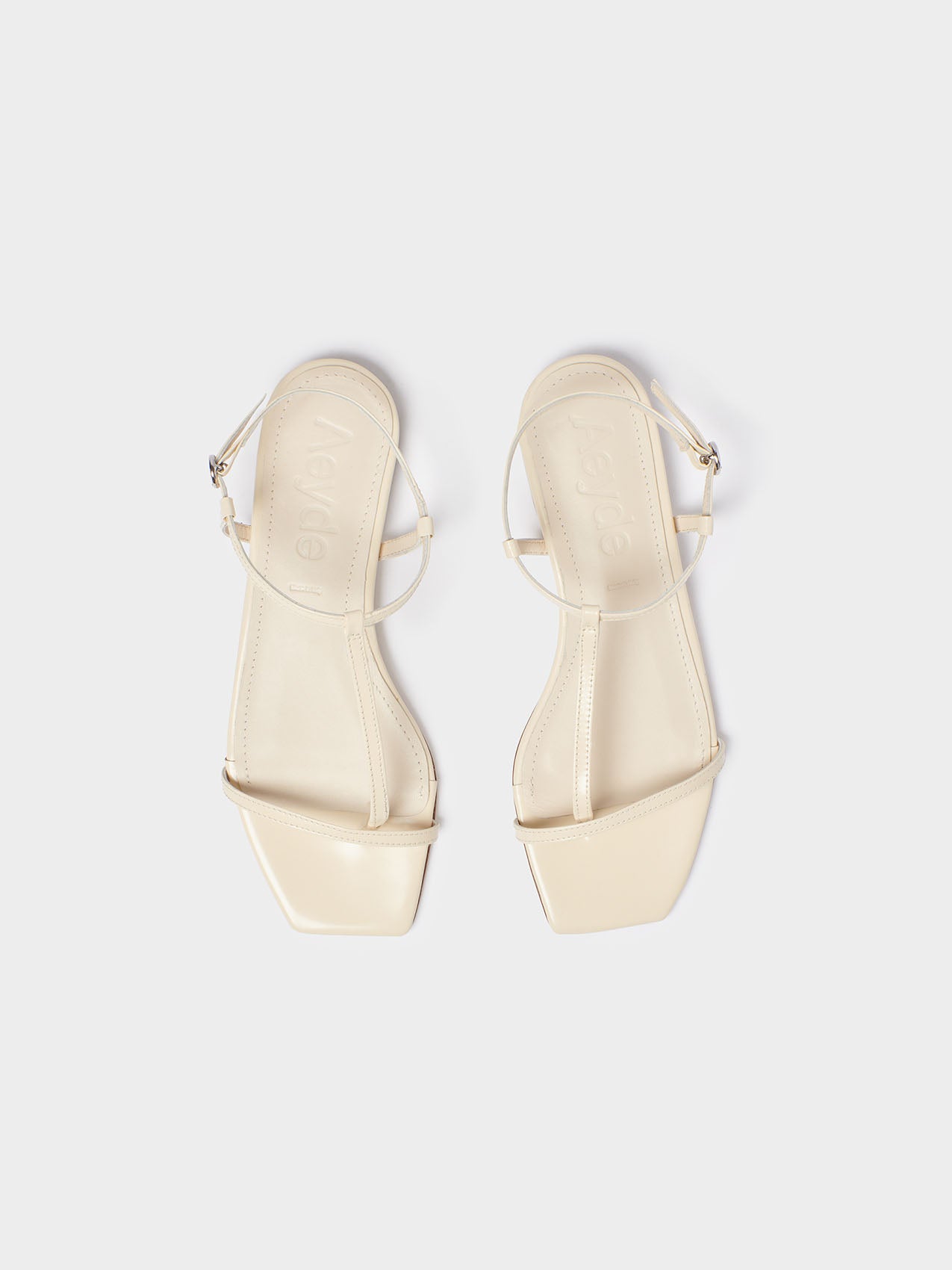 Aeyde | Artis Leather T-Bar Sandals Leather Flat Sandals for Women | Creamy Polido | Square Toe | Flat Heel | Heel Details