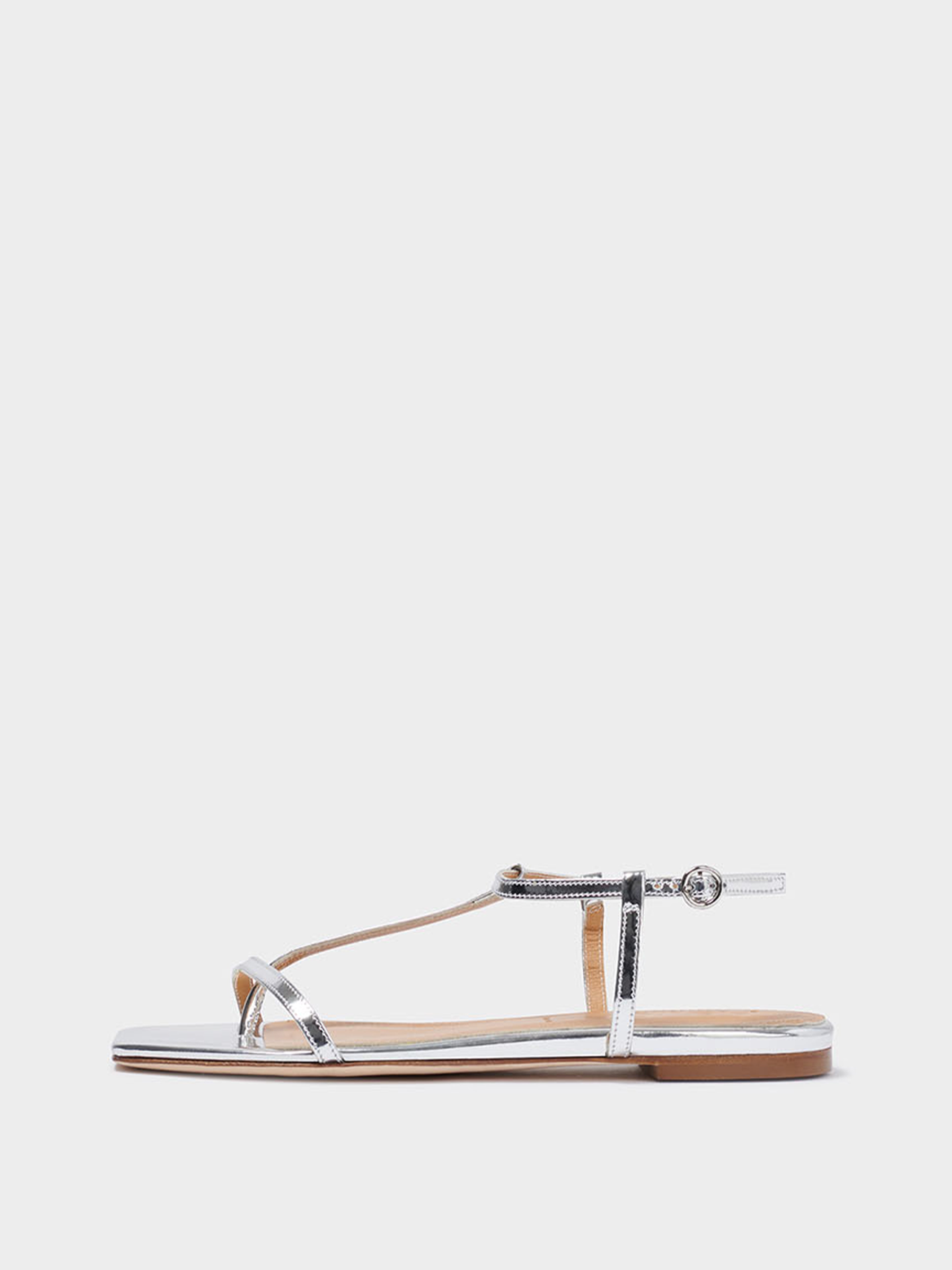 Aeyde | Artis Leather T-Bar Sandals Leather Flat Sandals for Women | Silver Specchio | Square Toe | Flat Heel | Side View
