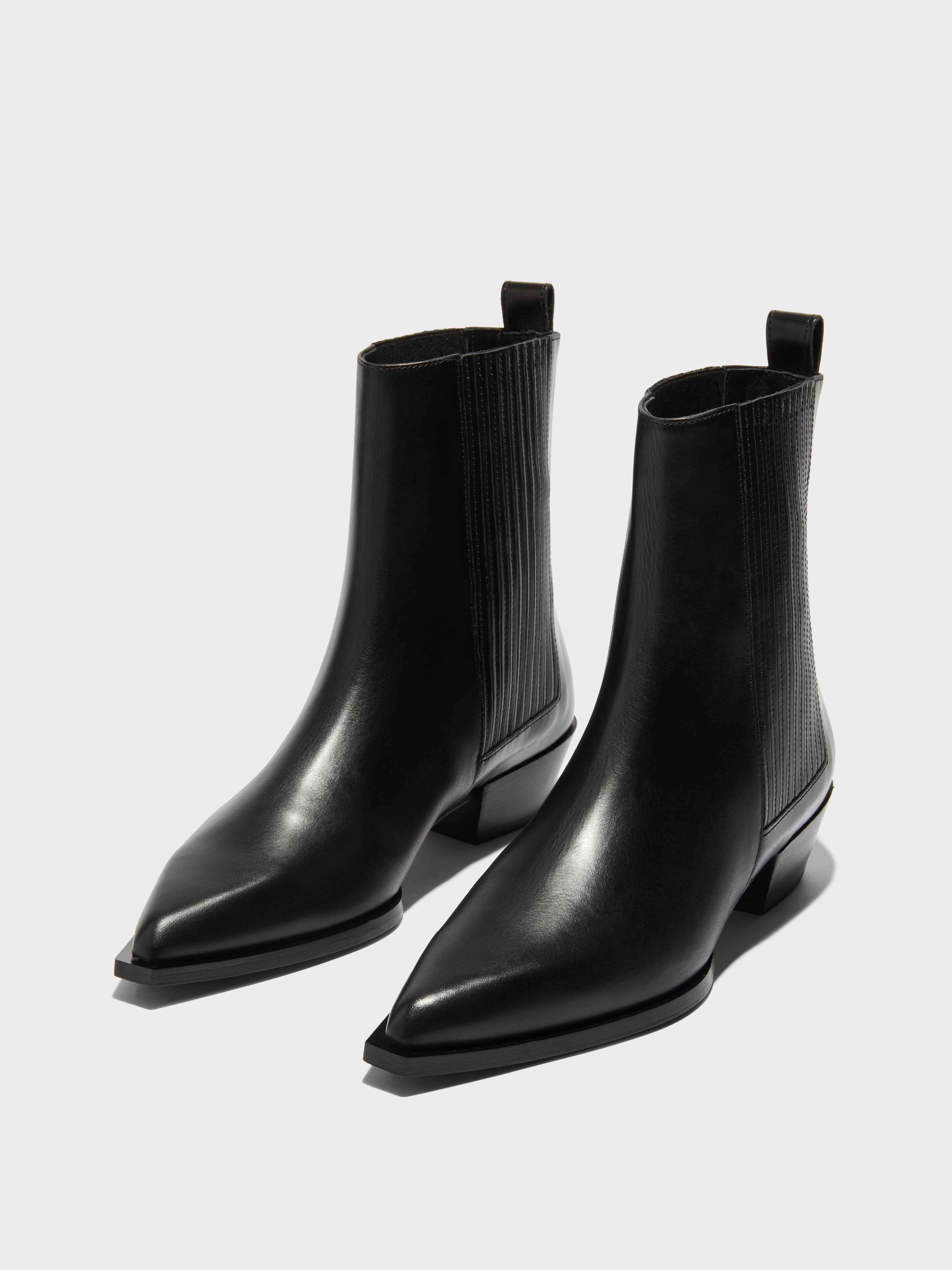Aeyde | Belinda Leather Cowboy Boots Leather Ankle Boots for Women | Black Calf | Pointed Toe | Low Heel | On Feet