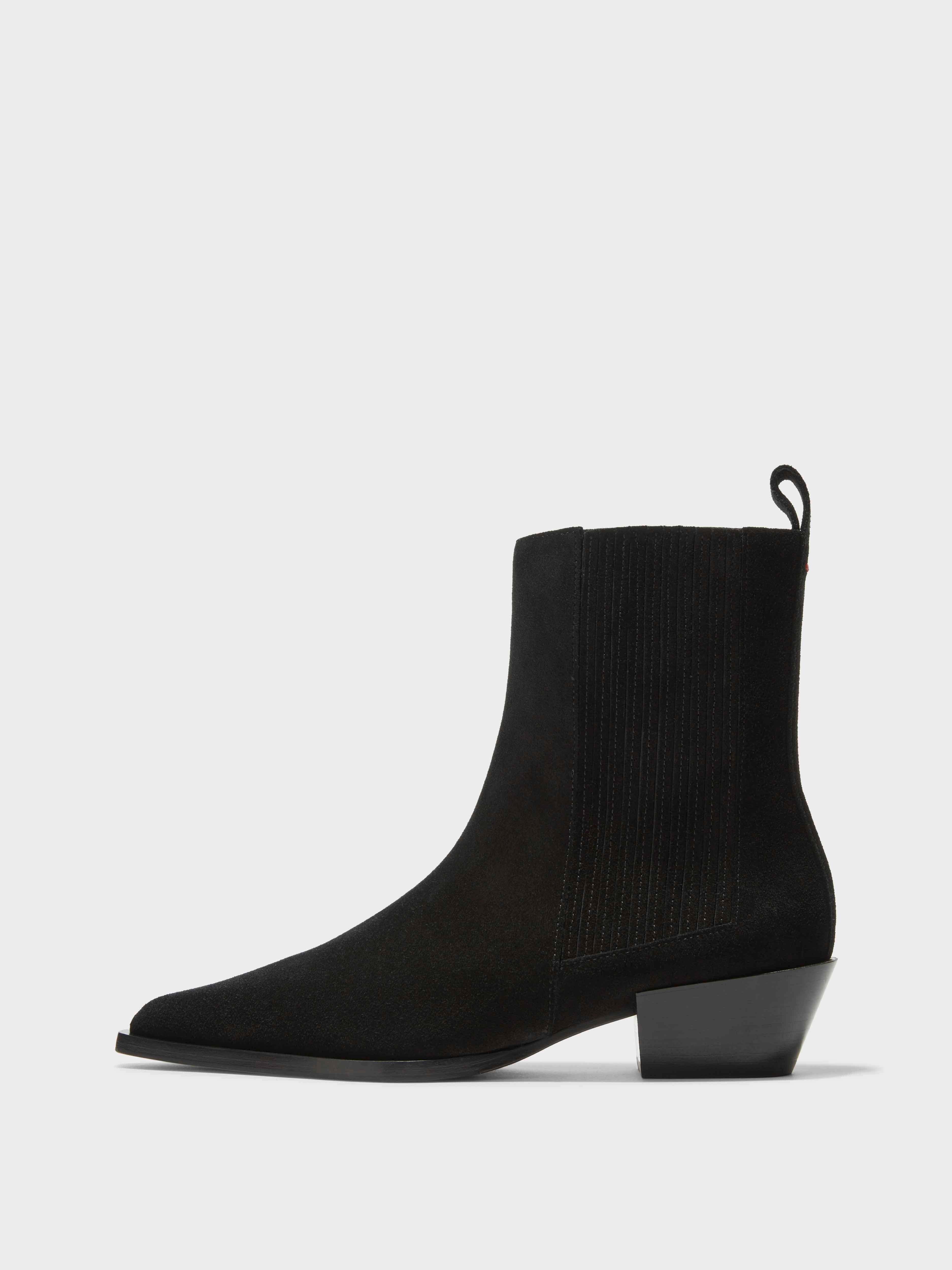 Aeyde | Belinda Suede Cowboy Boots Leather Ankle Boots for Women | Black Suede | Pointed Toe | Low Heel | Side View