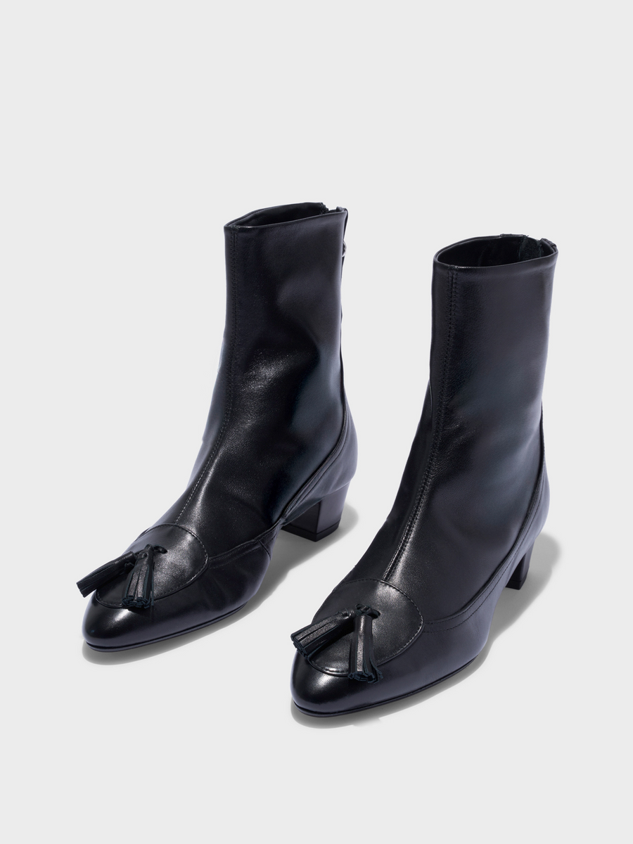 Aeyde | Betsy Tassel Ankle Boots Leather Ankle Boots for Women | Black Nappa | Round Toe | Mid Heel | Luxury Materials | Handmade in Italy