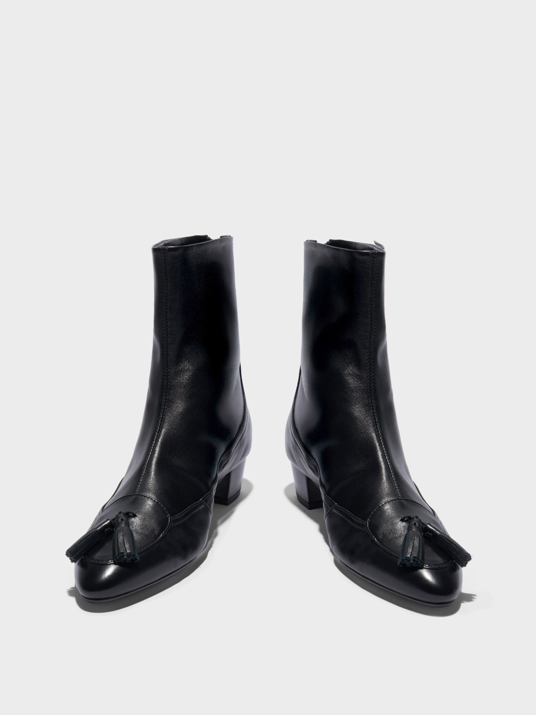Aeyde | Betsy Tassel Ankle Boots Leather Ankle Boots for Women | Black Nappa | Round Toe | Mid Heel | Front View