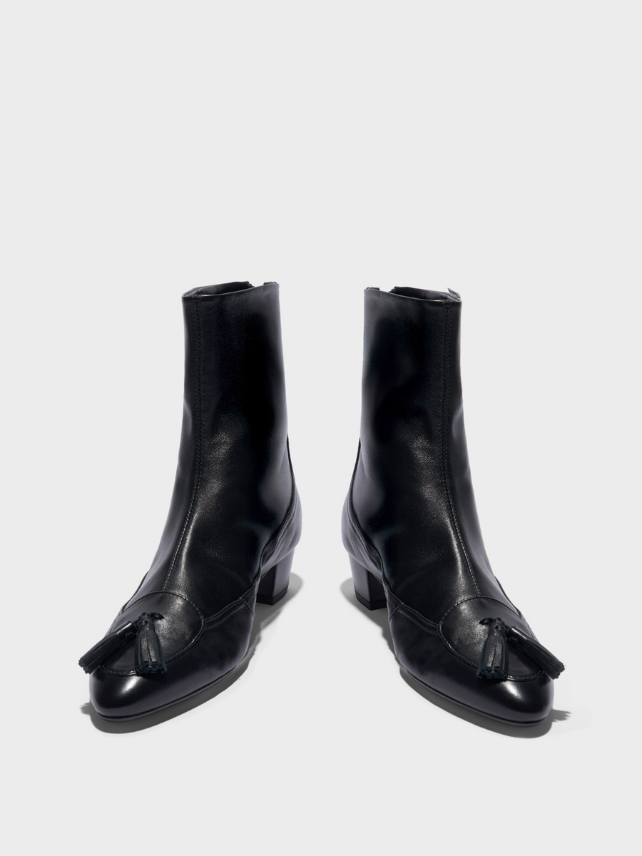 Aeyde | Betsy Tassel Ankle Boots Leather Ankle Boots for Women | Black Nappa | Round Toe | Mid Heel | Front View