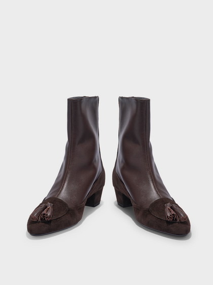 Aeyde | Betsy Tassel Ankle Boots Leather Ankle Boots for Women | Moka Nappa/Suede | Round Toe | Mid Heel | Front View