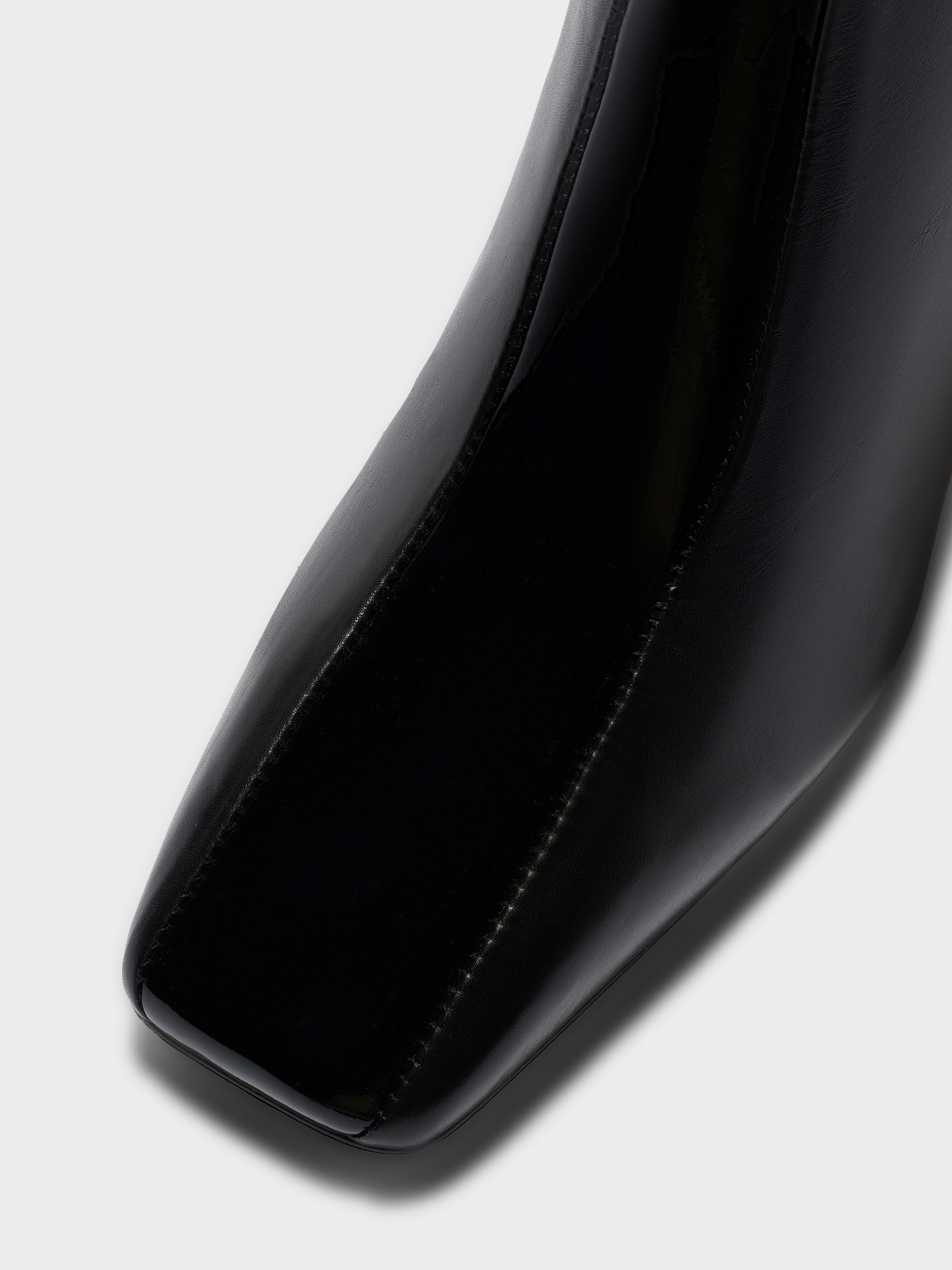 Aeyde | Bita Stripe Leather Knee High Boots for Women | Black Calf/Patent | Square Toe | Mid Heel | Front View