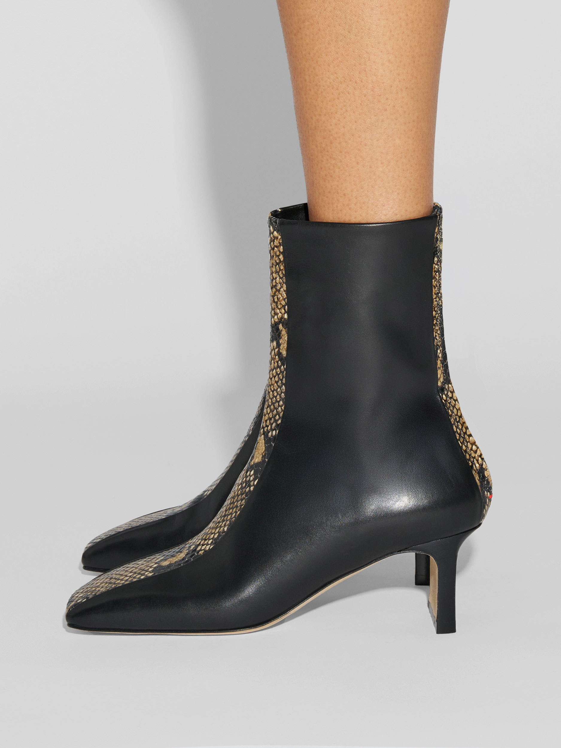 Aeyde | Billie Stripe Leather Ankle Boots for Women | Black/Hazelnut Calf/Snake | Square Toe | Mid Heel | How to Style