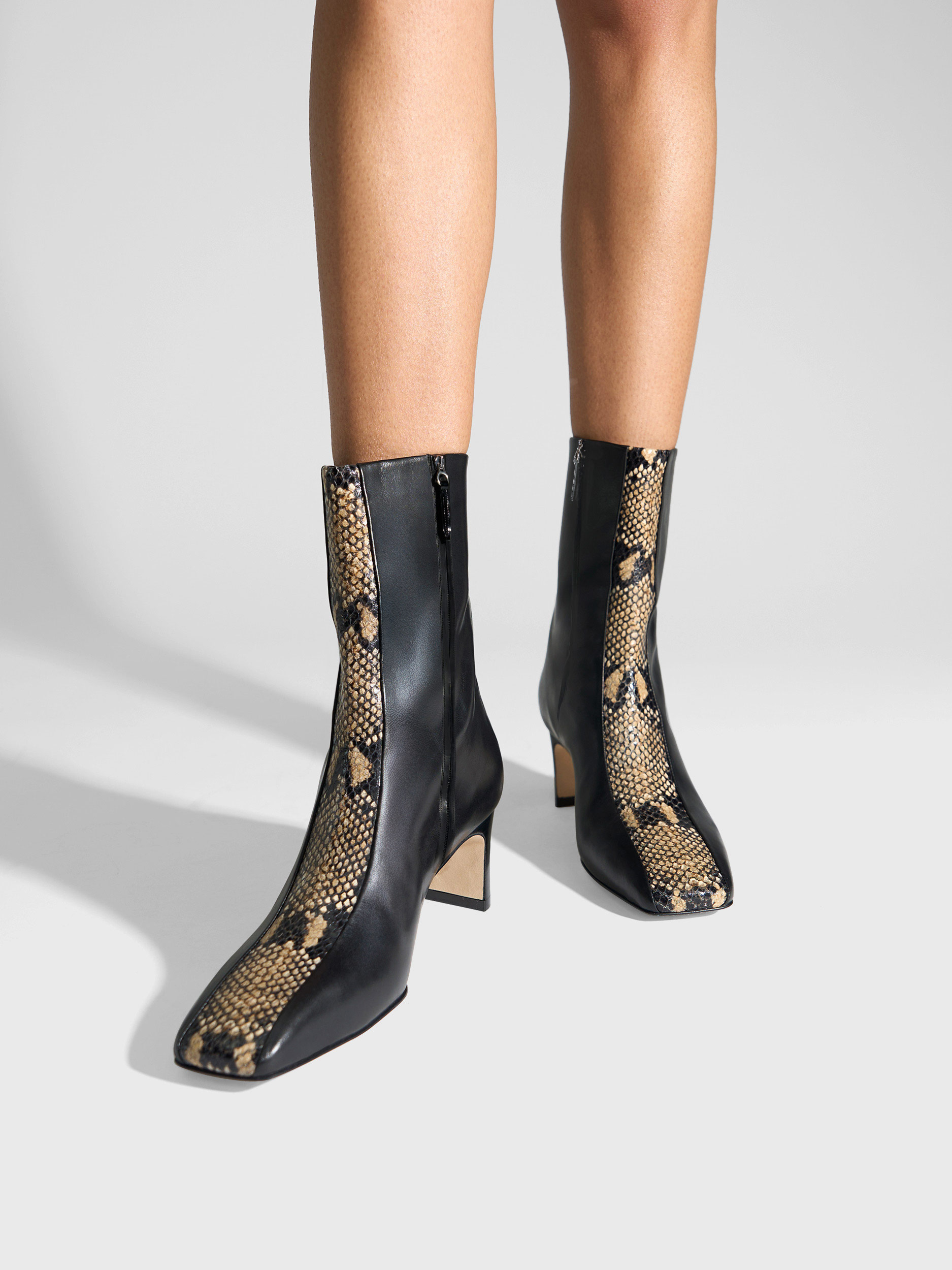 Aeyde | Billie Stripe Leather Ankle Boots for Women | Black/Hazelnut Calf/Snake | Square Toe | Mid Heel | On Feet