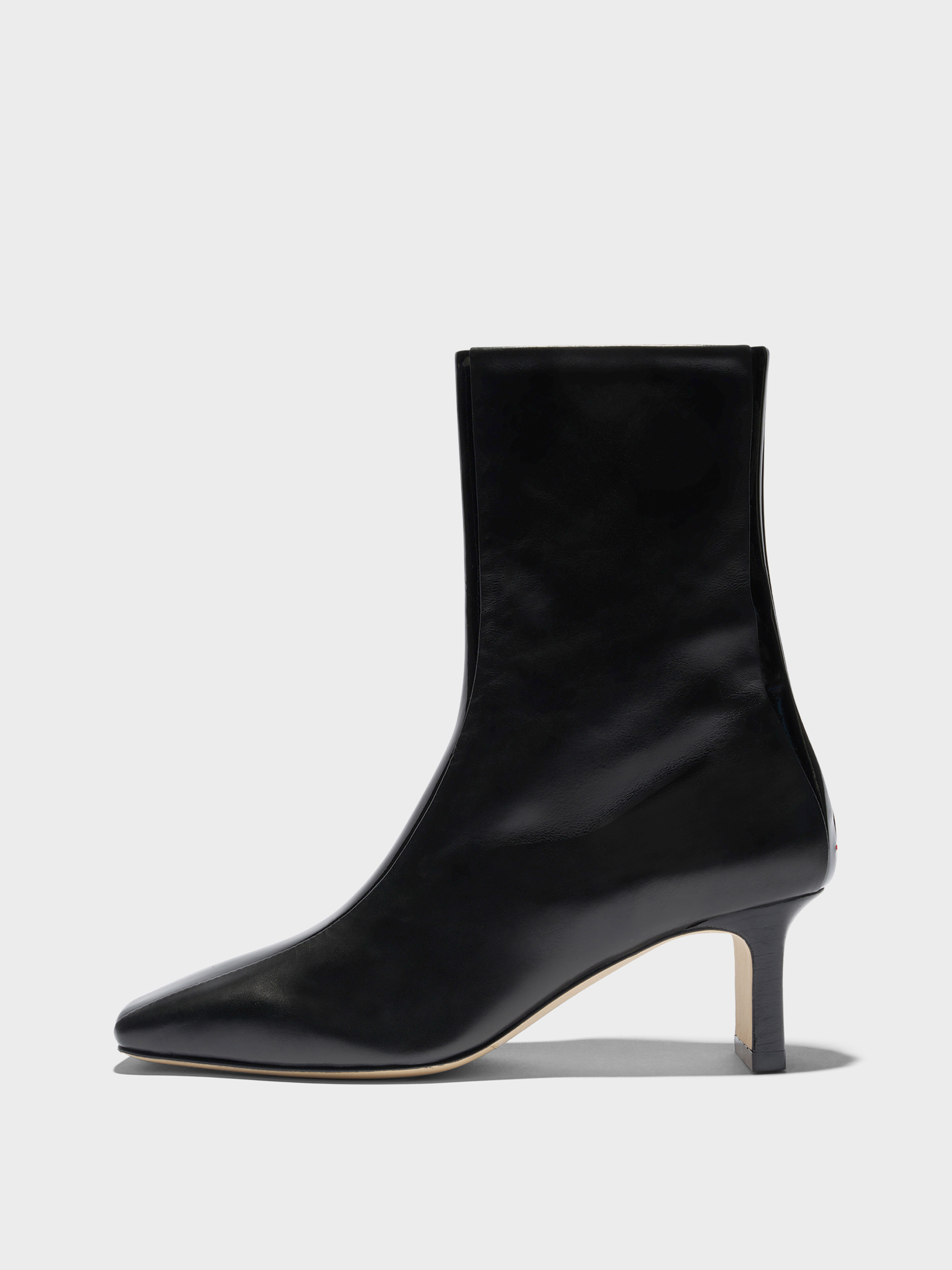 Aeyde | Billie Stripe Leather Ankle Boots for Women | Black Calf/Patent | Square Toe | Mid Heel | Side View