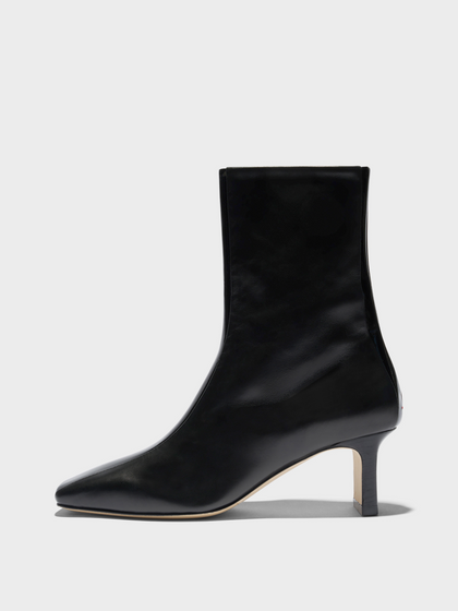 Aeyde | Billie Stripe Leather Ankle Boots for Women | Black Calf/Patent | Square Toe | Mid Heel | Side View