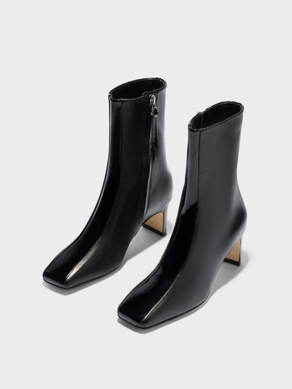 Aeyde | Billie Stripe Leather Ankle Boots for Women | Black Calf/Patent | Square Toe | Mid Heel | Luxury Materials | Handmade in Italy