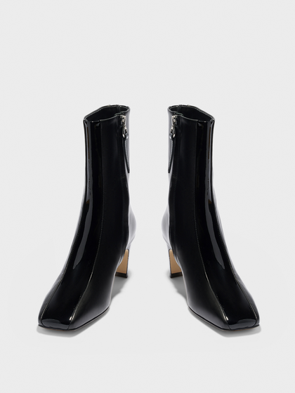 Aeyde | Billie Stripe Leather Ankle Boots for Women | Black Calf/Patent | Square Toe | Mid Heel | Heel Details