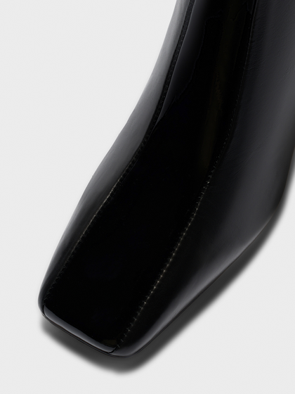 Aeyde | Billie Stripe Leather Ankle Boots for Women | Black Calf/Patent | Square Toe | Mid Heel | Front View