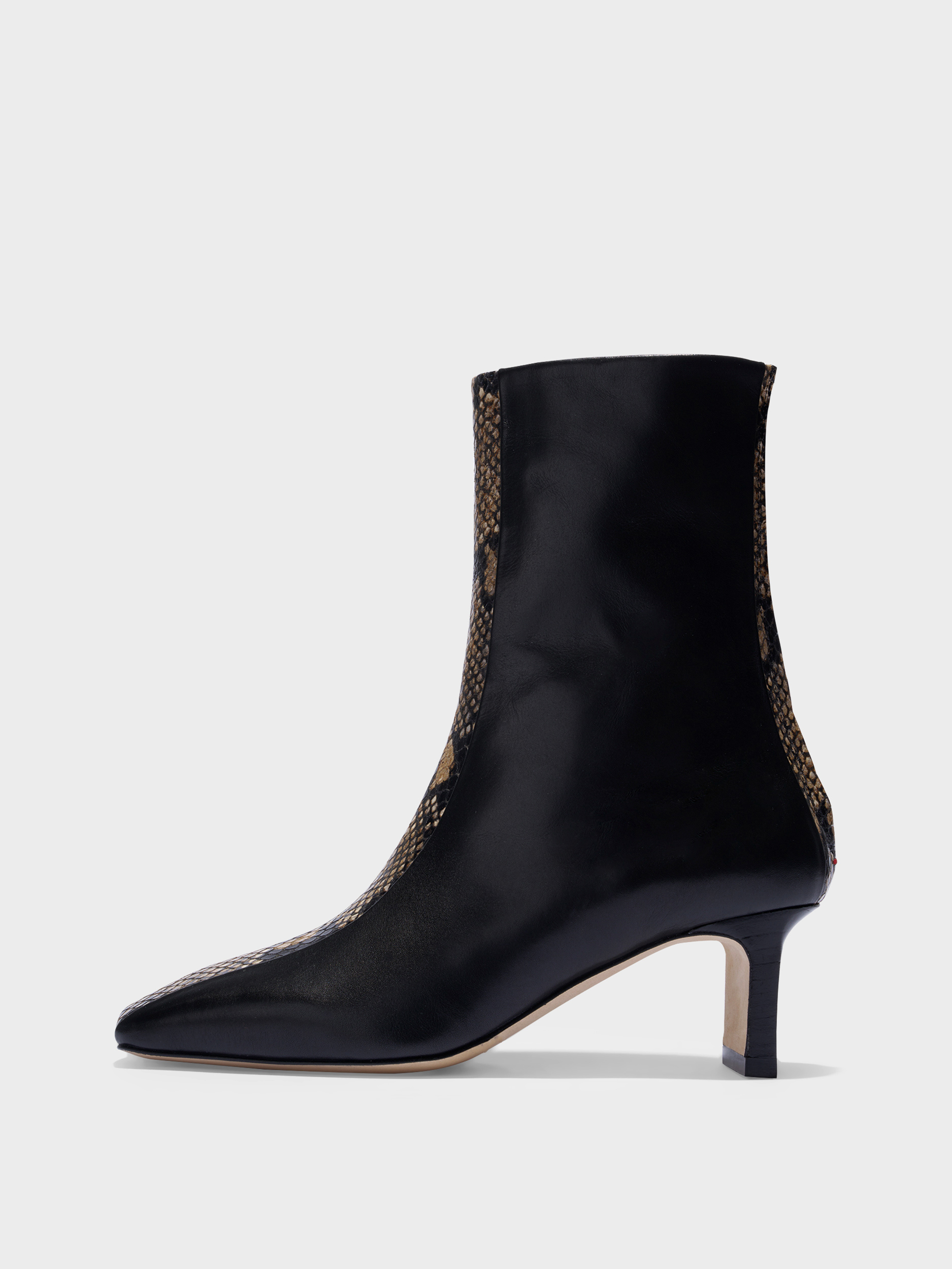 Aeyde | Billie Stripe Leather Ankle Boots for Women | Black/Hazelnut Calf/Snake | Square Toe | Mid Heel | Side View