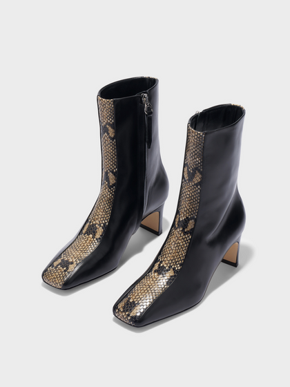 Aeyde | Billie Stripe Leather Ankle Boots for Women | Black/Hazelnut Calf/Snake | Square Toe | Mid Heel | Luxury Materials | Handmade in Italy