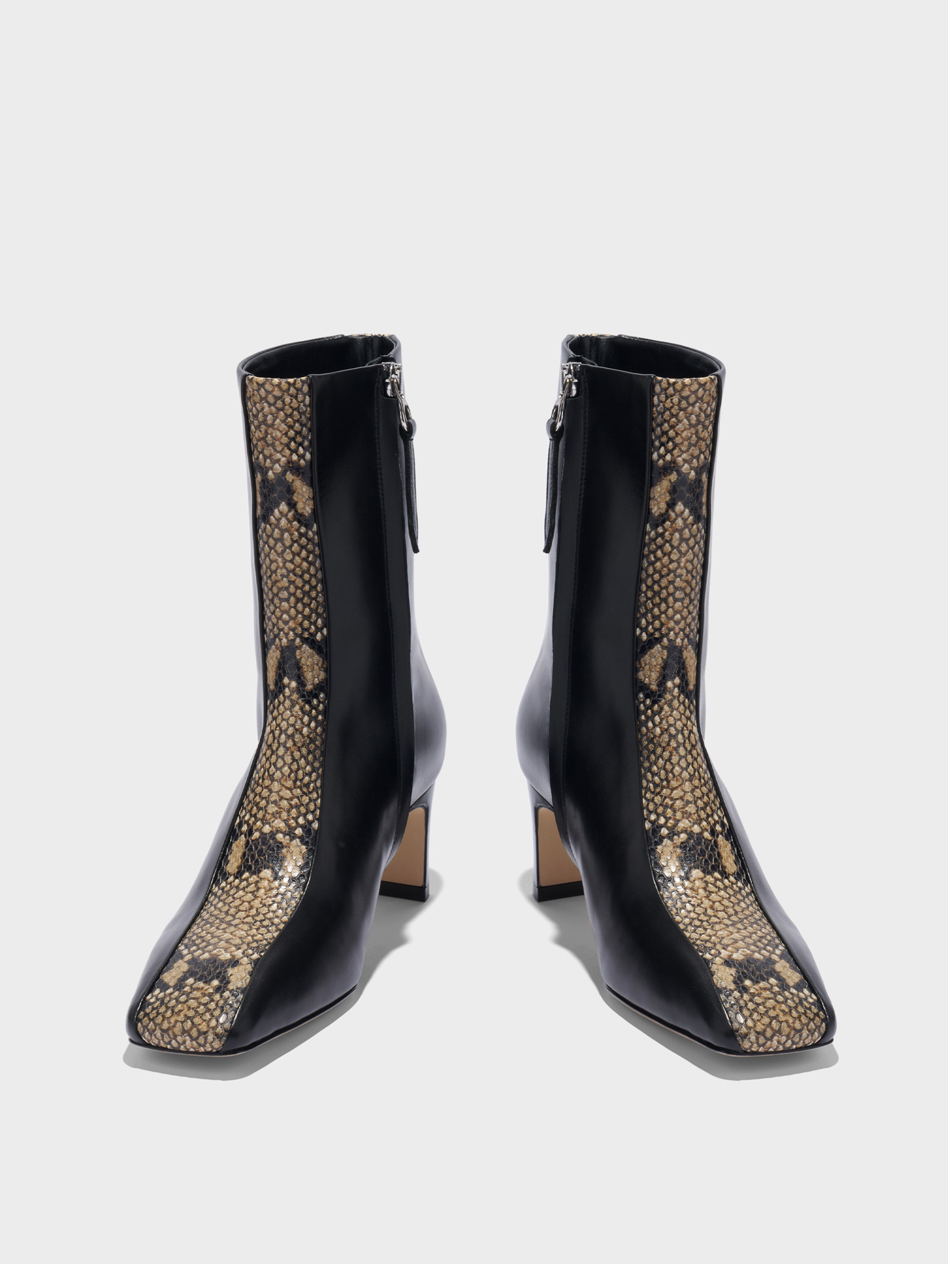 Aeyde | Billie Stripe Leather Ankle Boots for Women | Black/Hazelnut Calf/Snake | Square Toe | Mid Heel | Heel Details