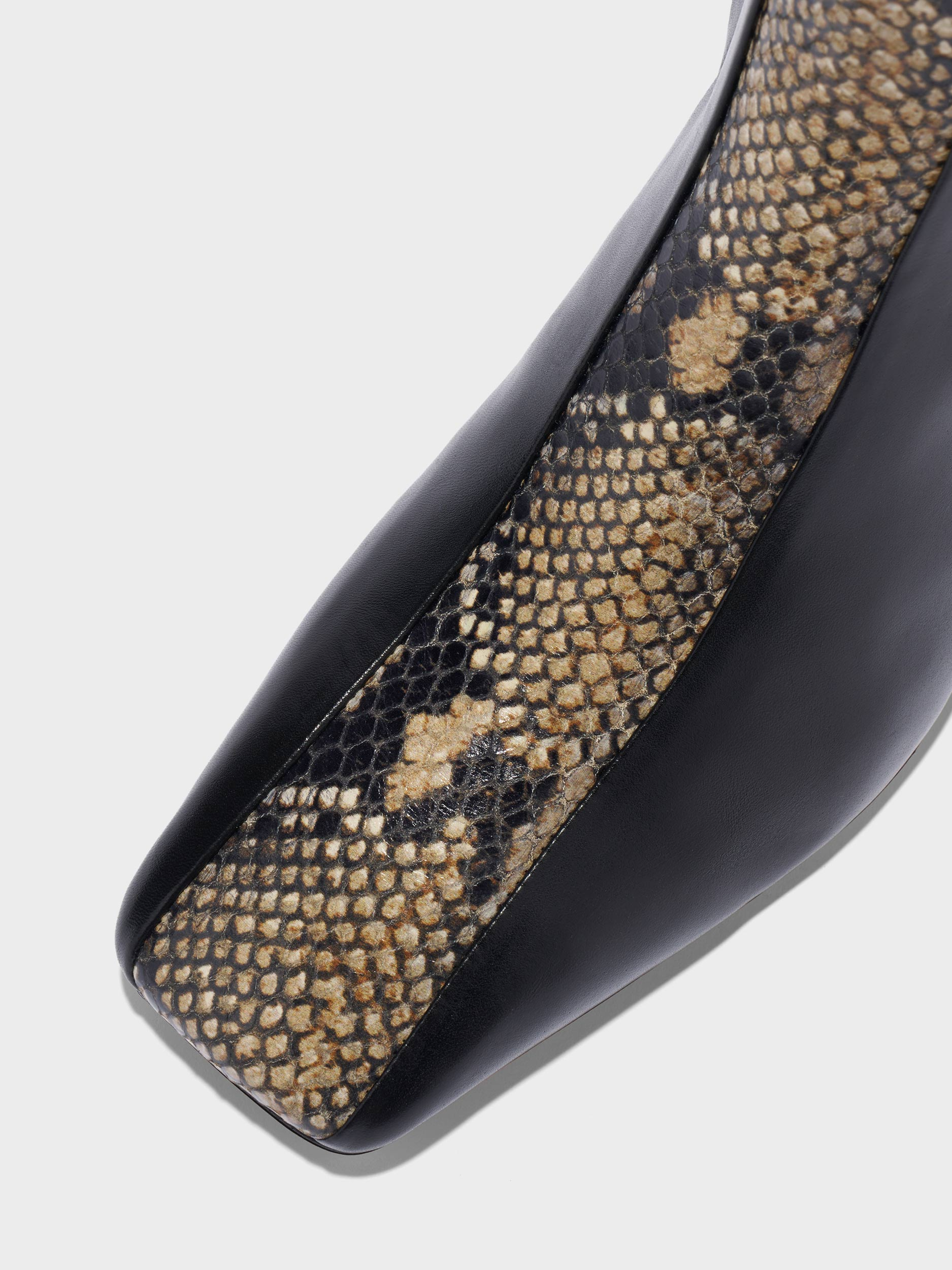 Aeyde | Billie Stripe Leather Ankle Boots for Women | Black/Hazelnut Calf/Snake | Square Toe | Mid Heel | Front View