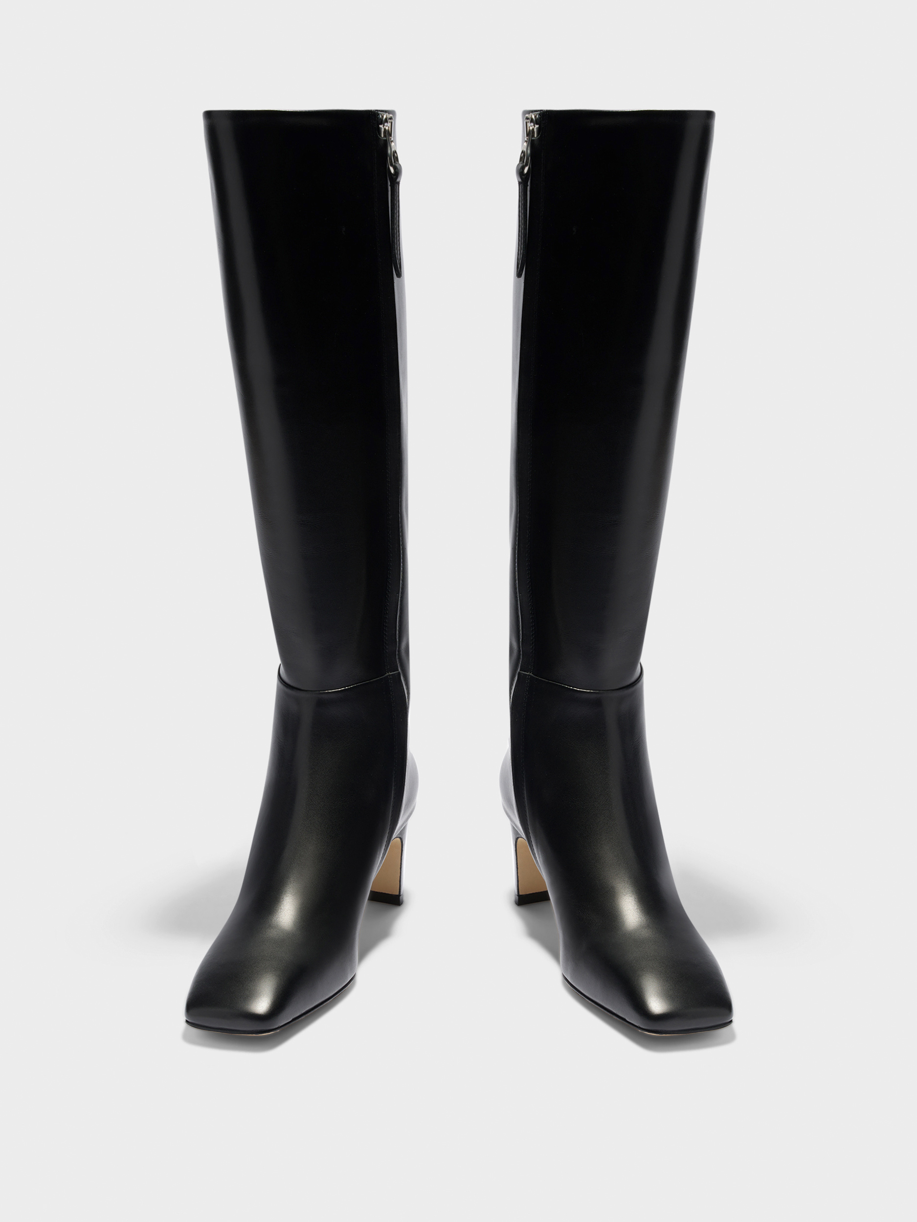 Aeyde | Bita Knee-High Boots Leather Knee High Boots for Women | Black Calf | Square Toe | Mid Heel | Heel Details