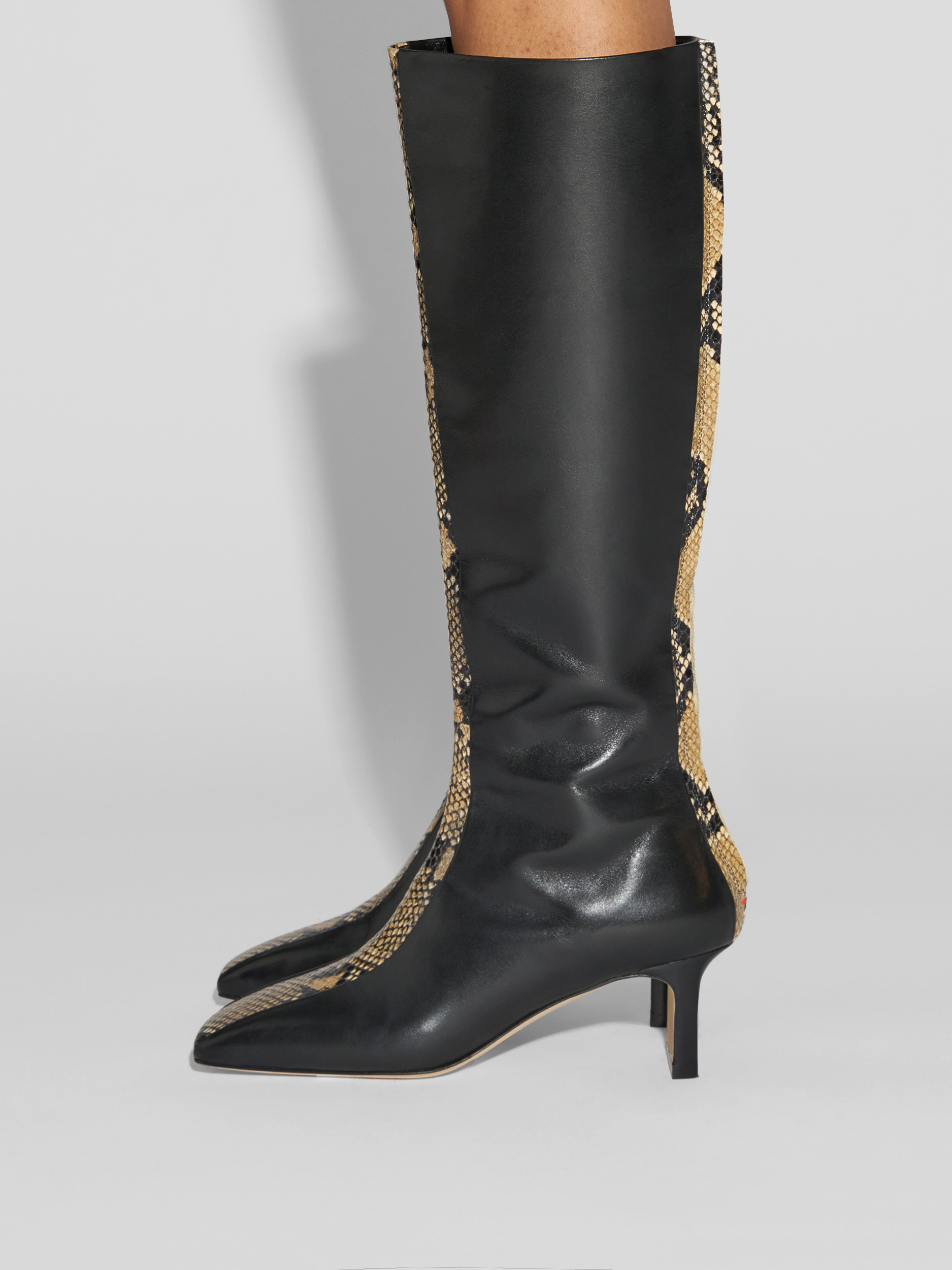 Aeyde | Bita Stripe Leather Knee High Boots for Women | Black/Hazelnut Calf/Snake | Square Toe | Mid Heel | How to Style