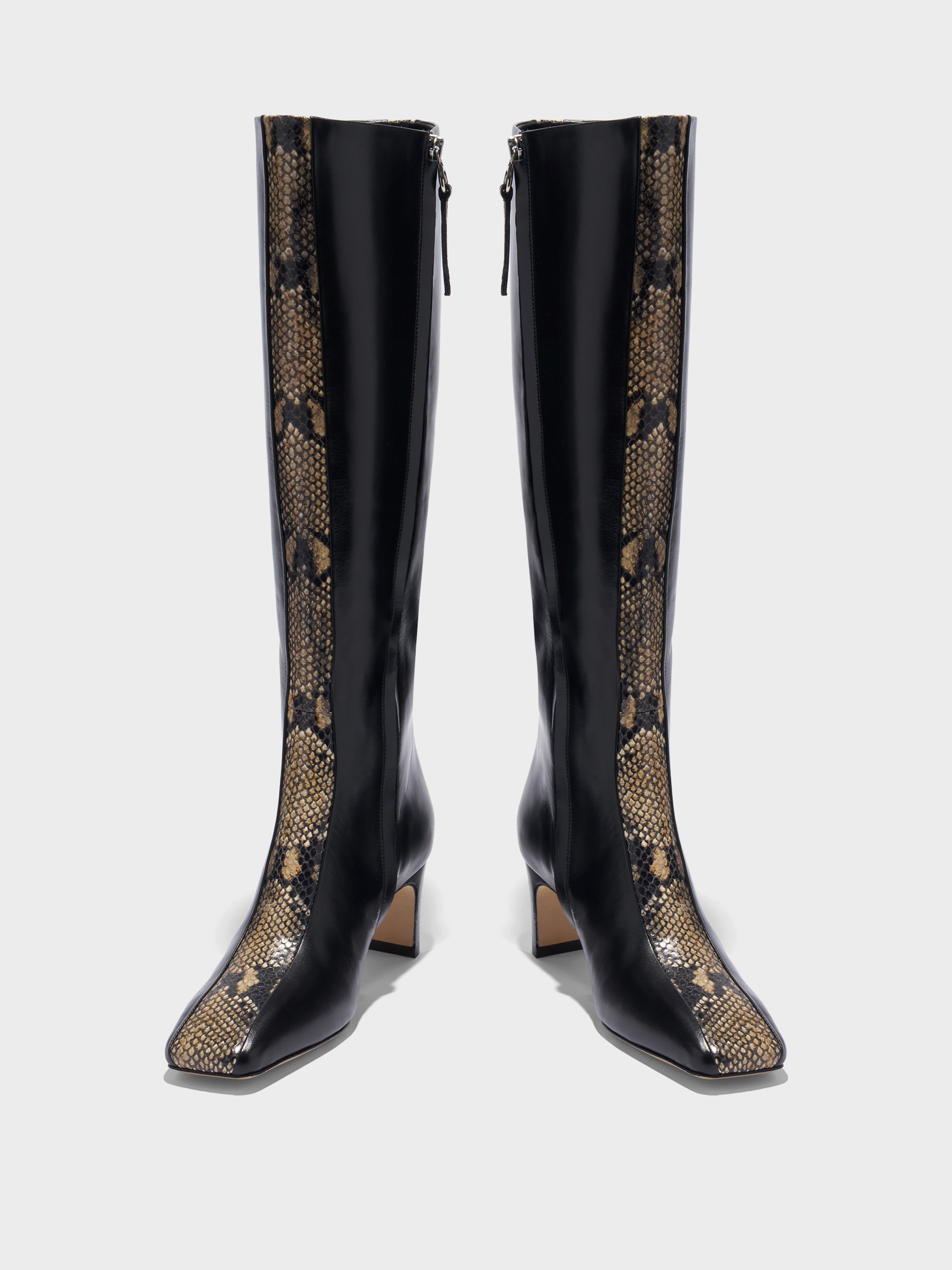Aeyde | Bita Stripe Leather Knee High Boots for Women | Black/Hazelnut Calf/Snake | Square Toe | Mid Heel | Heel Details