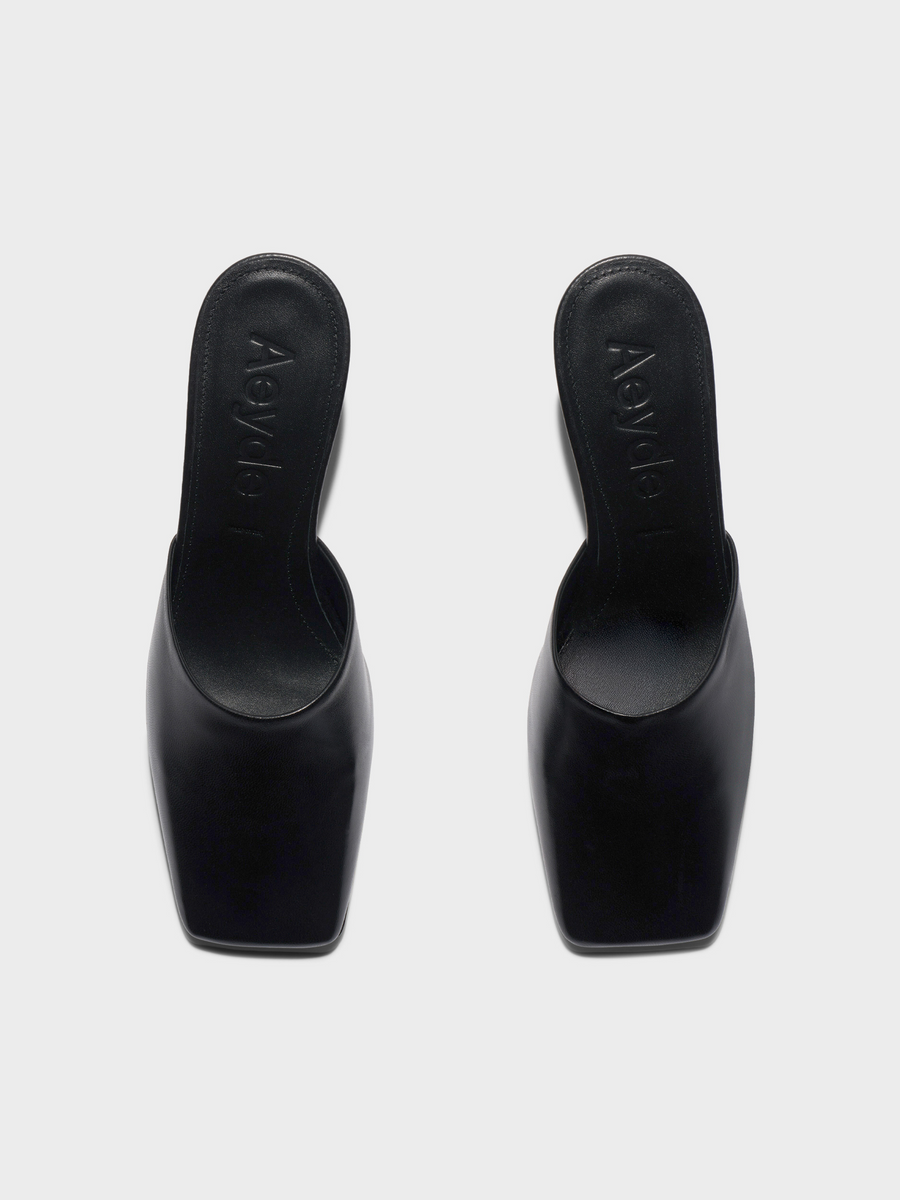 Aeyde | Blithe Square-Toe Mules Leather Pumps for Women | Black Nappa | Square Toe | Mid Heel | Front View