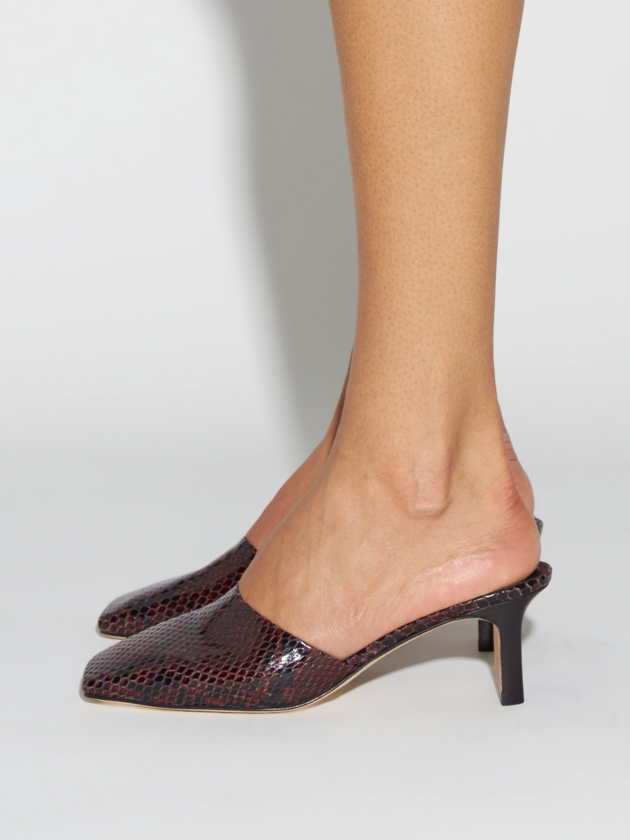 Aeyde | Blithe Square-Toe Mules Leather Pumps for Women | Port Snake | Square Toe | Mid Heel | How to Style