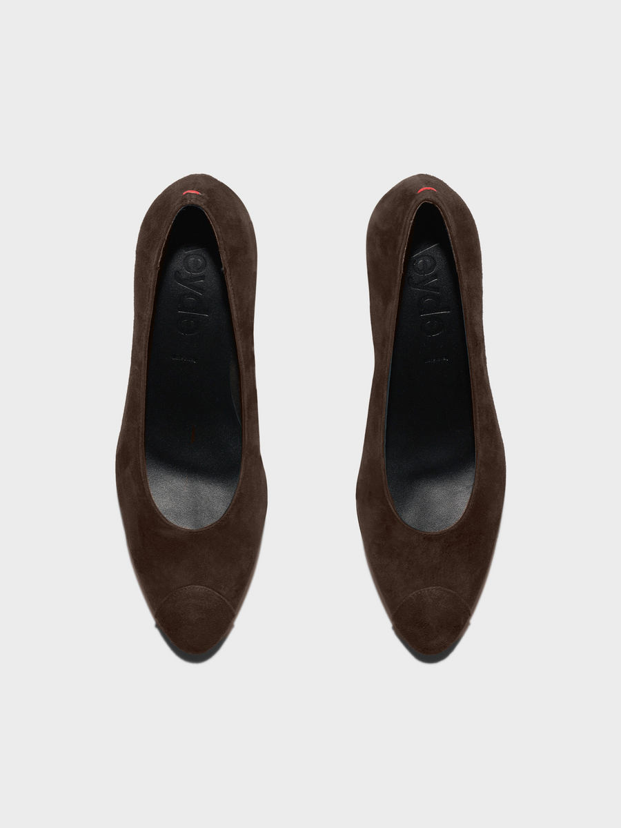 Aeyde | Calea Cap Leather Pumps for Women | Moka Suede | Round Toe | Mid Heel | Heel Details