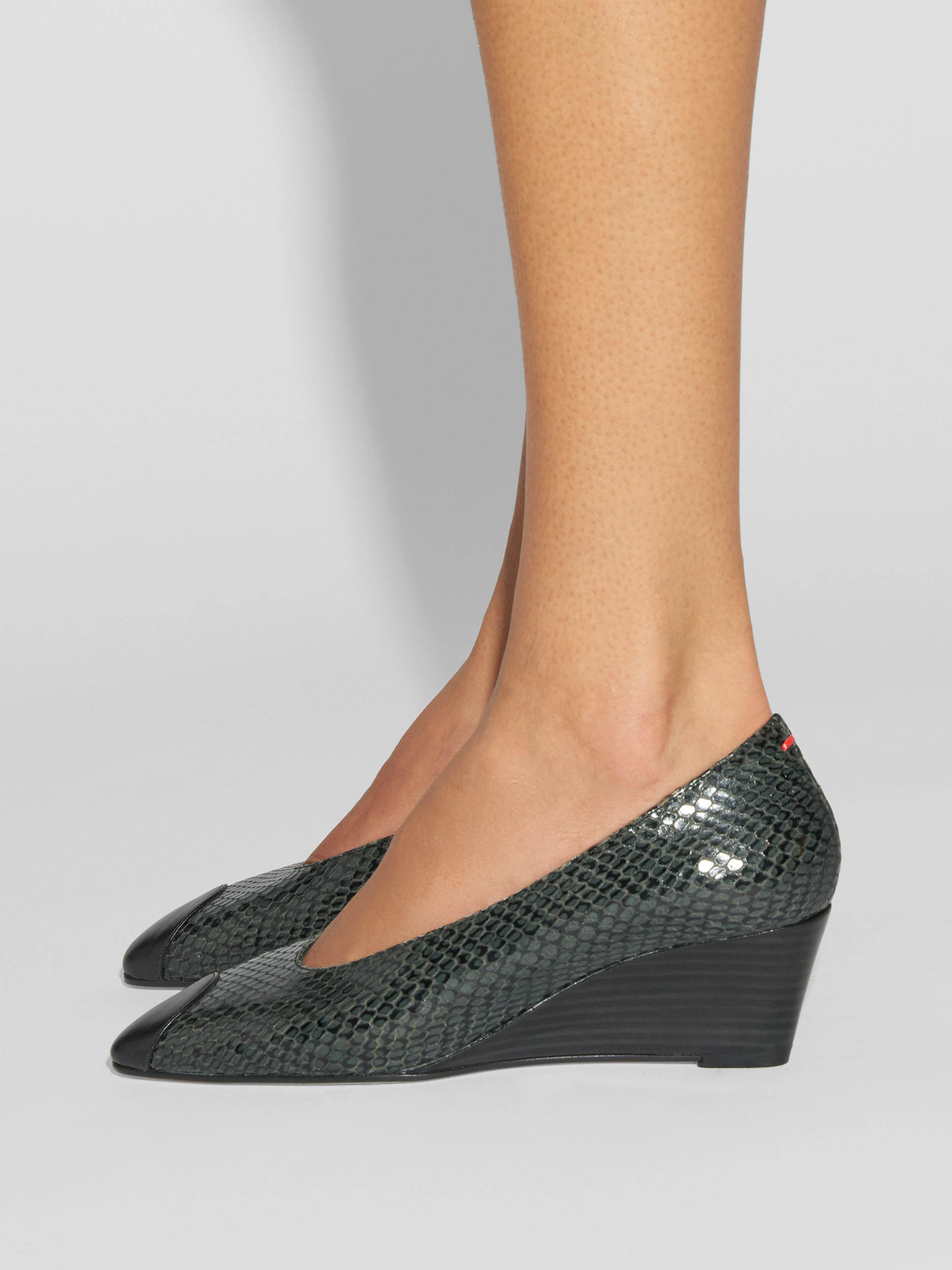 Aeyde | Calea Cap Leather Pumps for Women | Moss/Black Mini Snake/Nappa | Round Toe | Mid Heel | How to Style