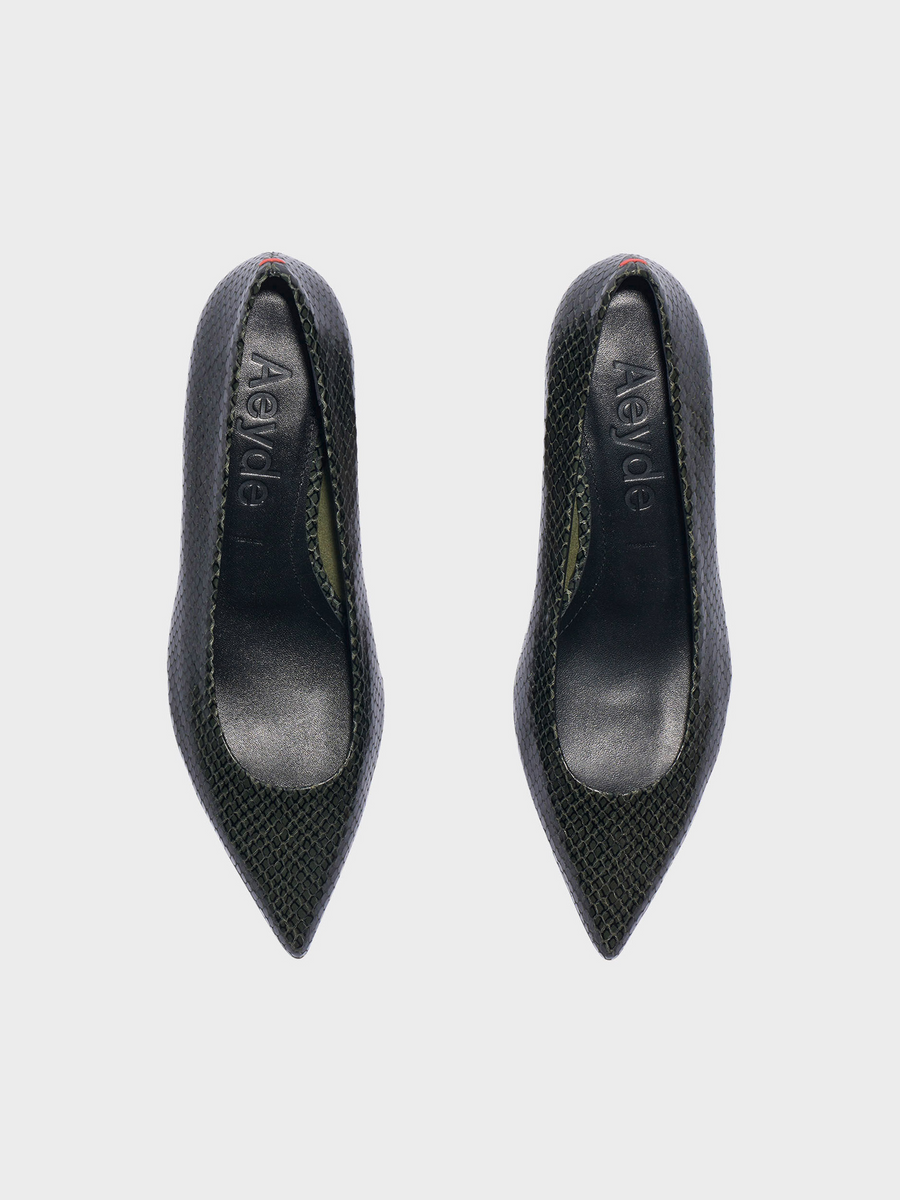 Aeyde | Cari Pointed-Toe Pumps Leather Pumps for Women | Moss Mini Snake | Pointed Toe | Low Heel | Front View