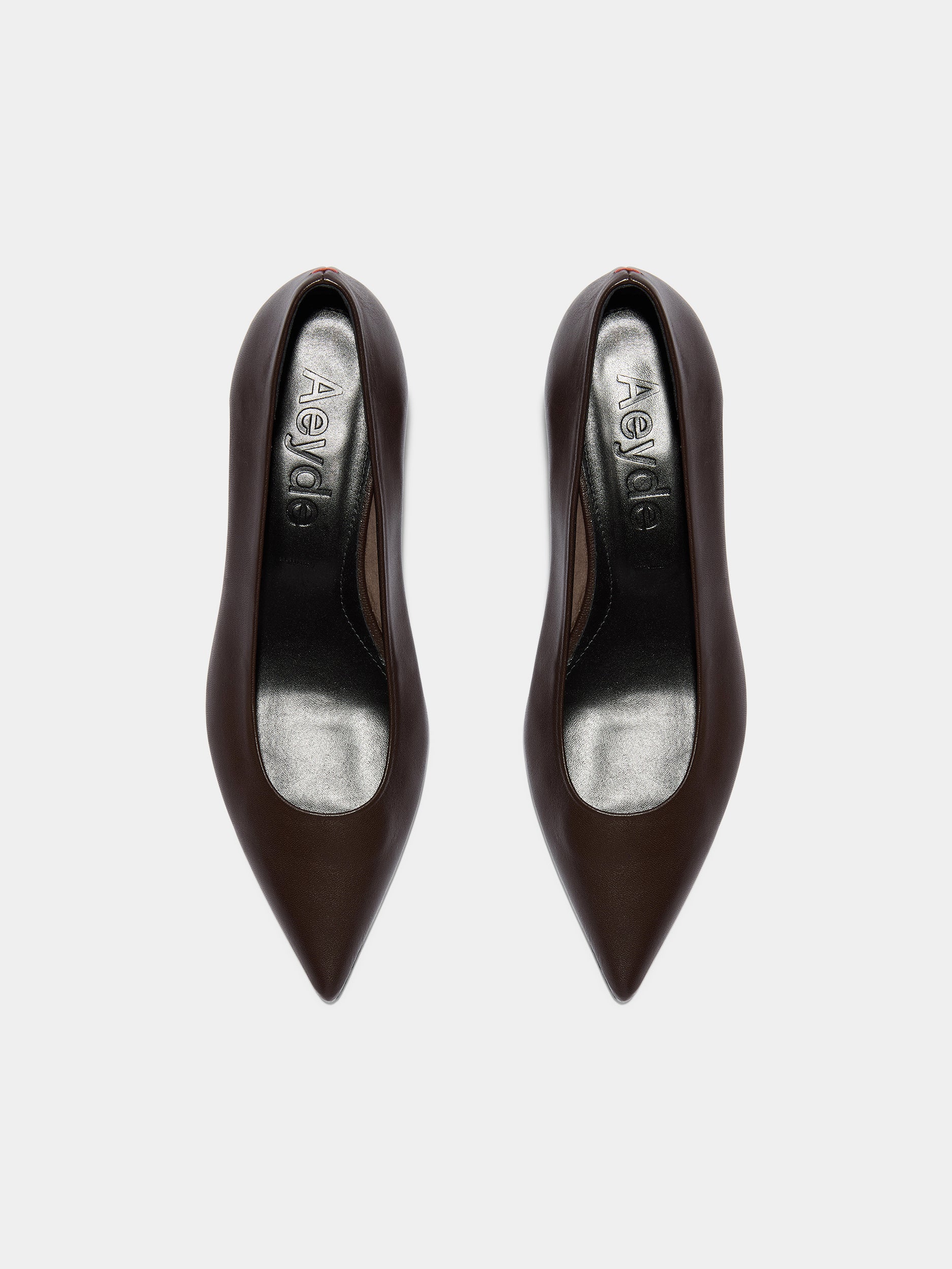 Aeyde | Cari Leather Pumps for Women | Moka Nappa | Pointed Toe | Mid Heel | Front View