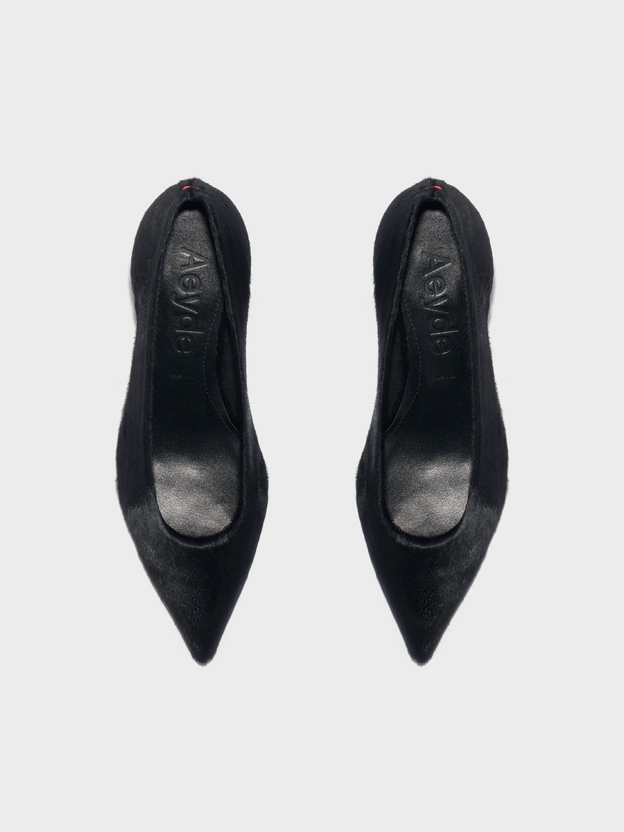 Aeyde | Cari Pony Hair Pumps Leather Pumps for Women | Black Ponyhair | Pointed Toe | Low Heel | Heel Details