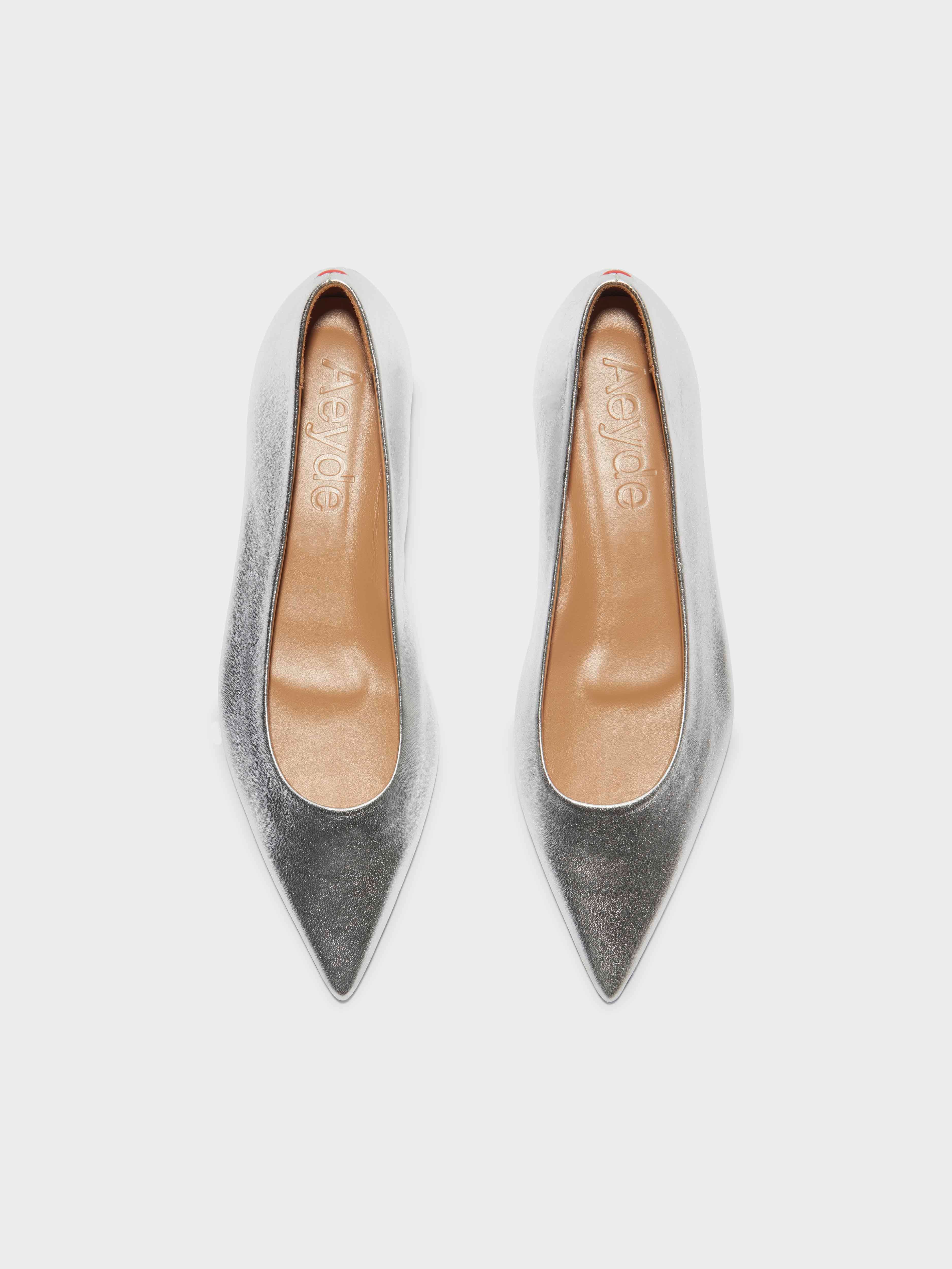 Aeyde | Cassy Leather Ballet Flats Leather Flats for Women | Silver Nappa | Pointed Toe | Flat Heel | Front View