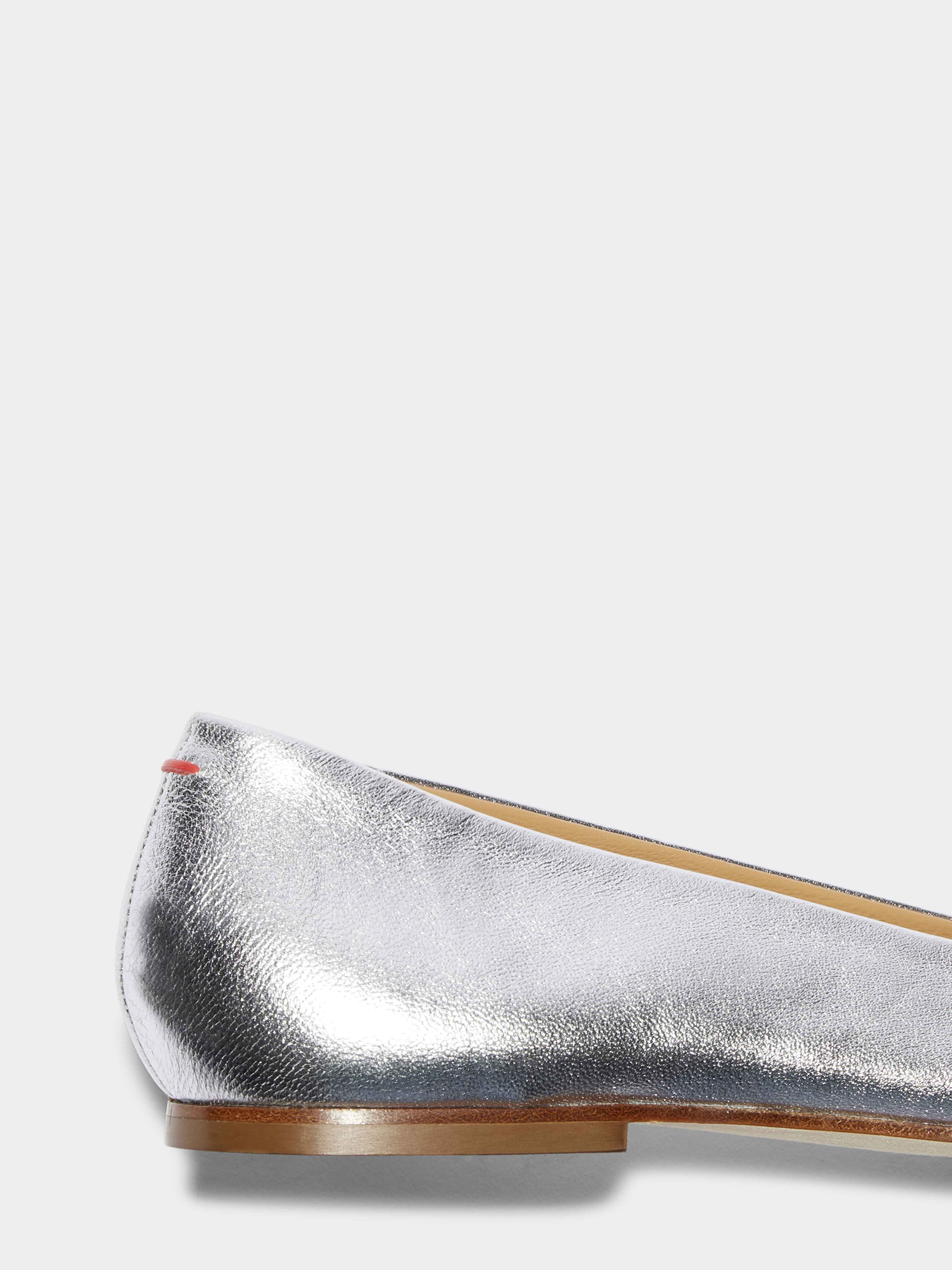 Aeyde | Cassy Leather Ballet Flats Leather Flats for Women | Silver Nappa | Pointed Toe | Flat Heel | Heel Details