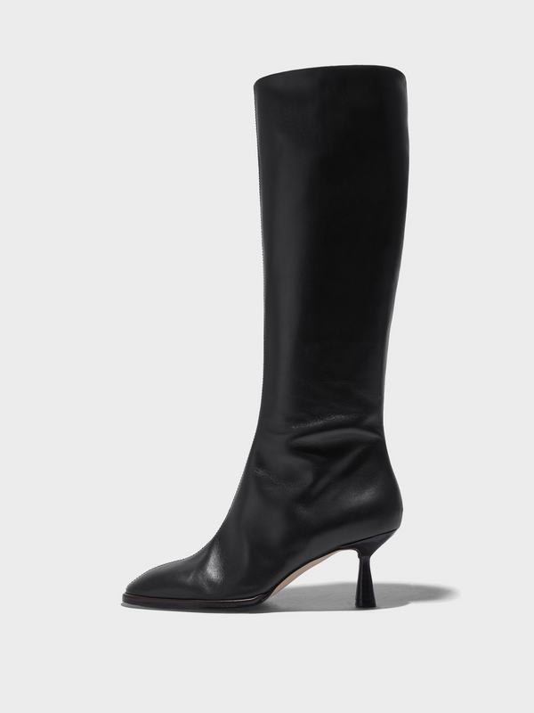 Aeyde | Catherine Knee-High Boots Leather Knee High Boots for Women | Black Calf | Round Toe | Mid Heel | Side View