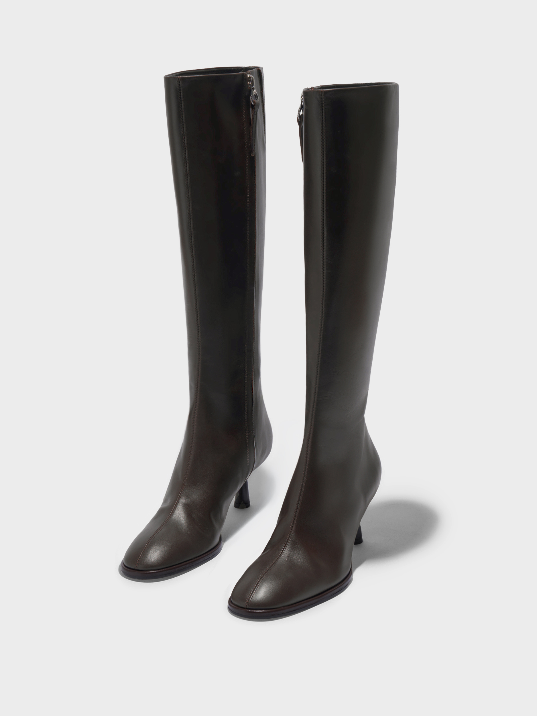 Aeyde | Catherine Knee-High Boots Leather Knee High Boots for Women | Moka Calf | Round Toe | Mid Heel | Luxury Materials | Handmade in Italy