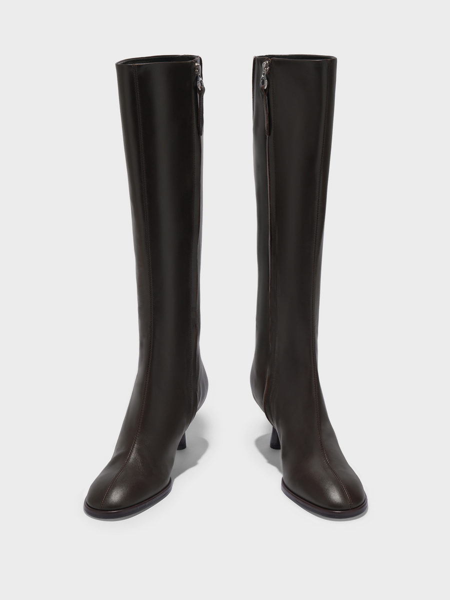 Aeyde | Catherine Knee-High Boots Leather Knee High Boots for Women | Moka Calf | Round Toe | Mid Heel | Front View