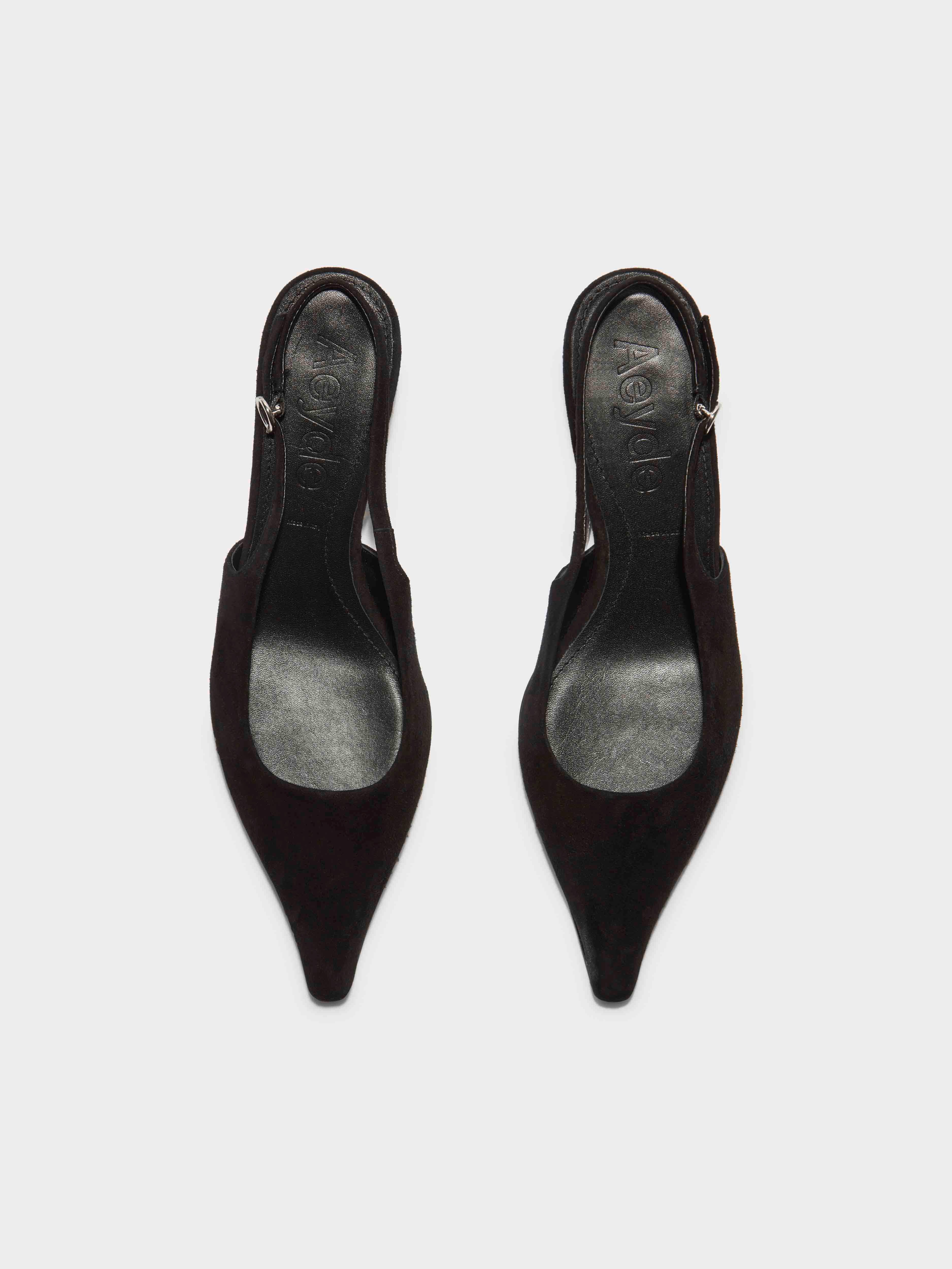 Aeyde | Catrina Suede Slingback Pumps Leather Pumps for Women | Black Suede | Pointed Toe | Low Heel | Front View