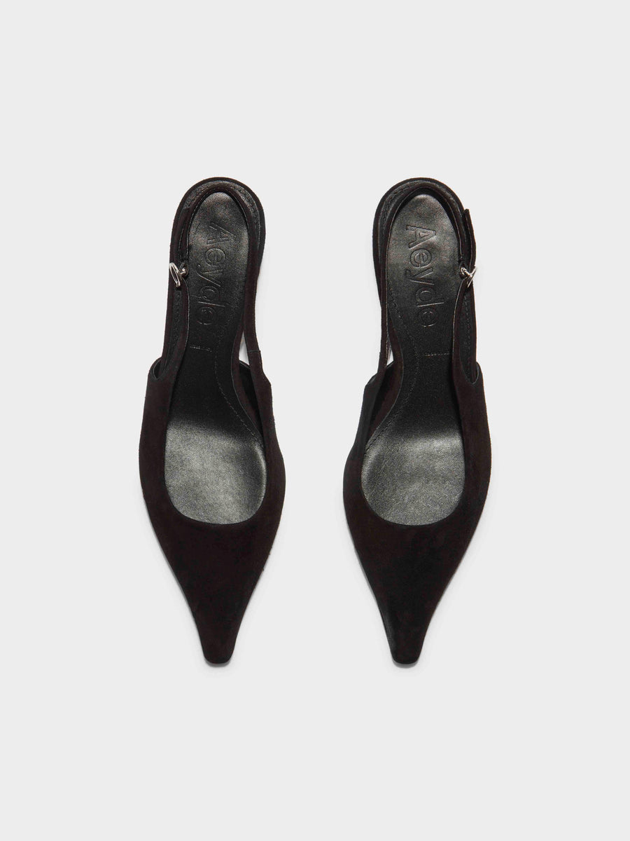 Aeyde | Catrina Suede Slingback Pumps Leather Pumps for Women | Black Suede | Pointed Toe | Low Heel | Front View