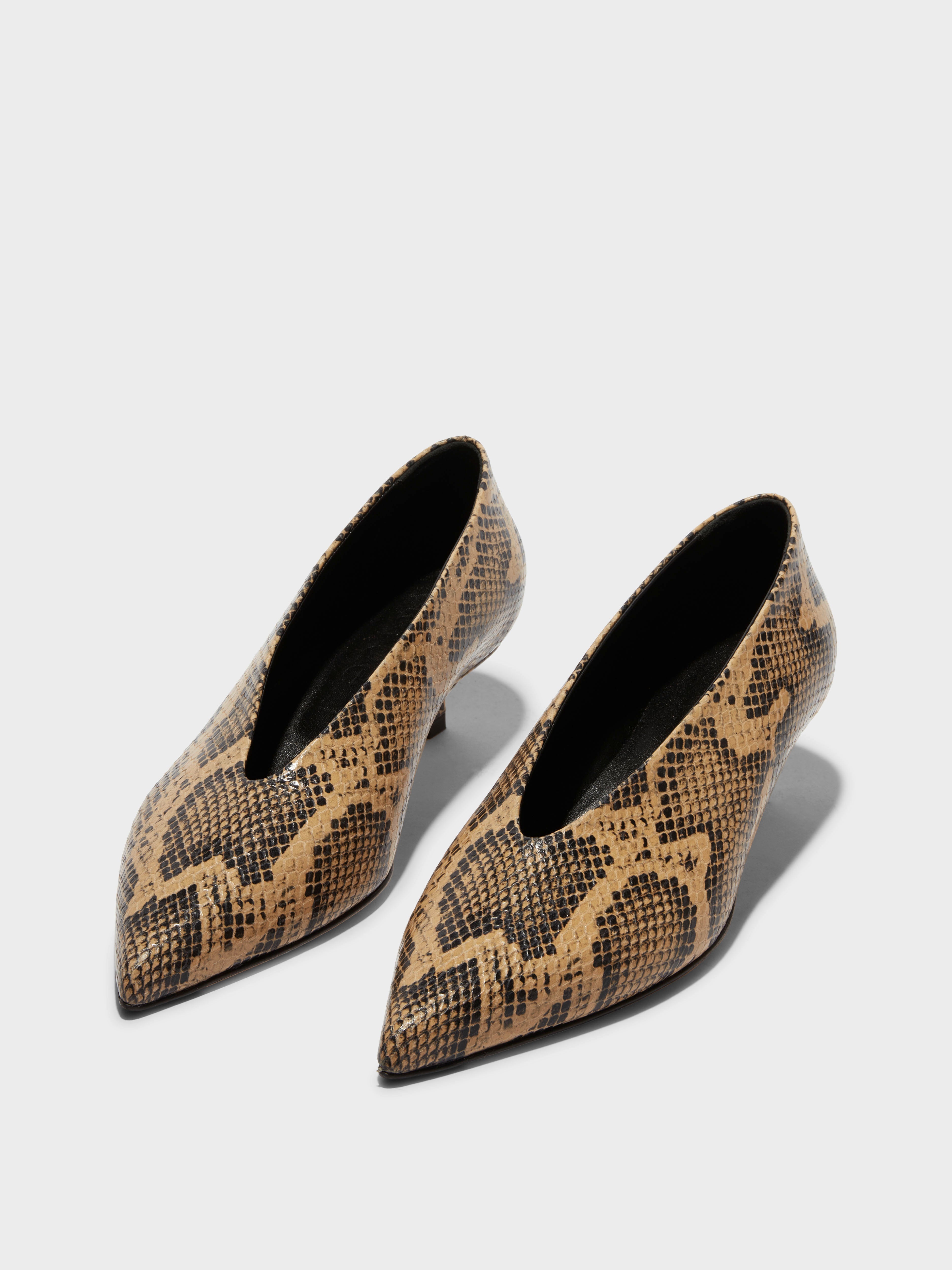 Aeyde | Clara Leather Pumps Leather Pumps for Women | Latte Snake | Pointed Toe | Low Heel | On Feet
