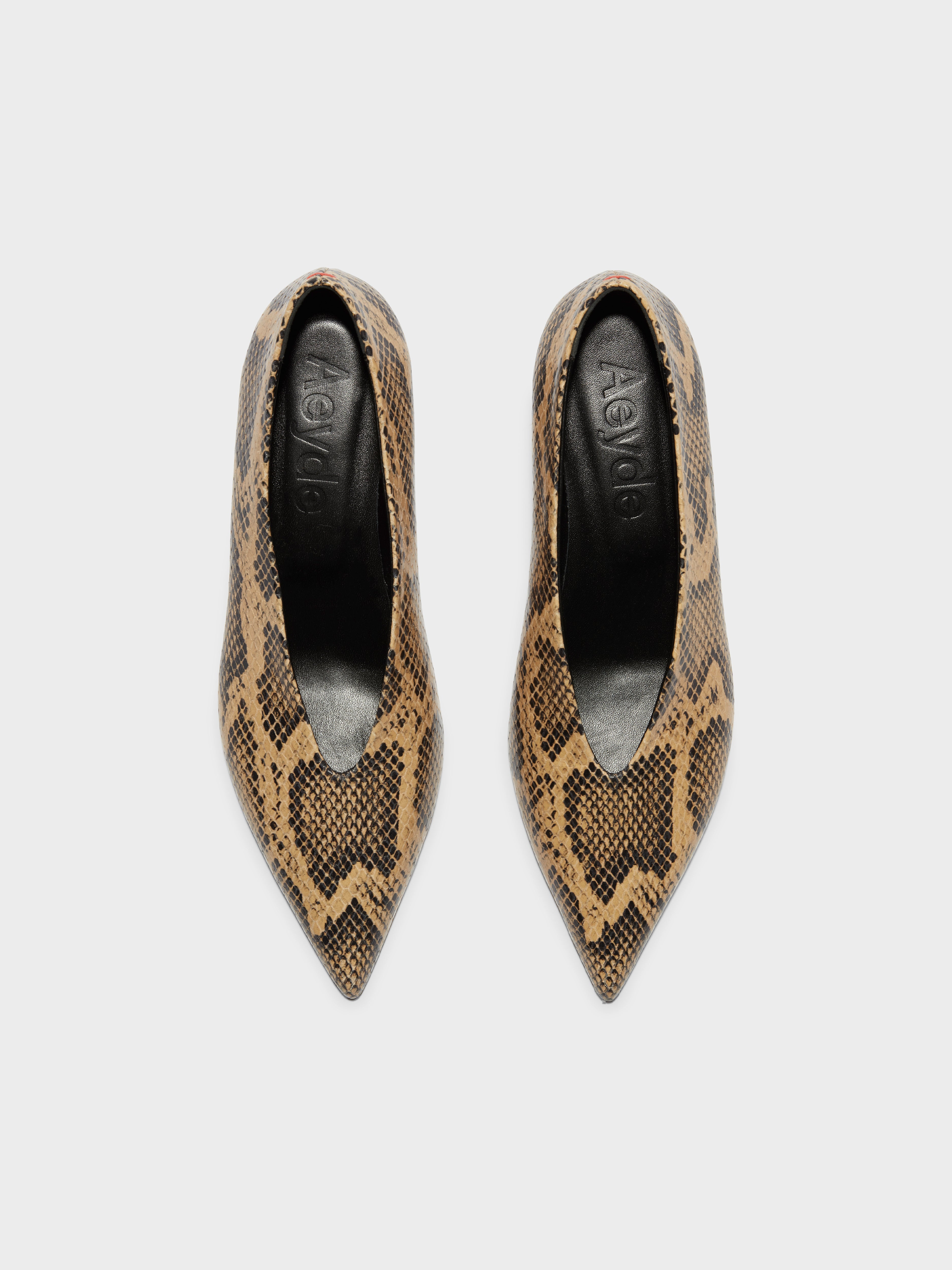 Aeyde | Clara Leather Pumps Leather Pumps for Women | Latte Snake | Pointed Toe | Low Heel | Front View