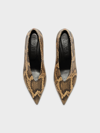 Aeyde | Clara Leather Pumps Leather Pumps for Women | Latte Snake | Pointed Toe | Low Heel | Front View