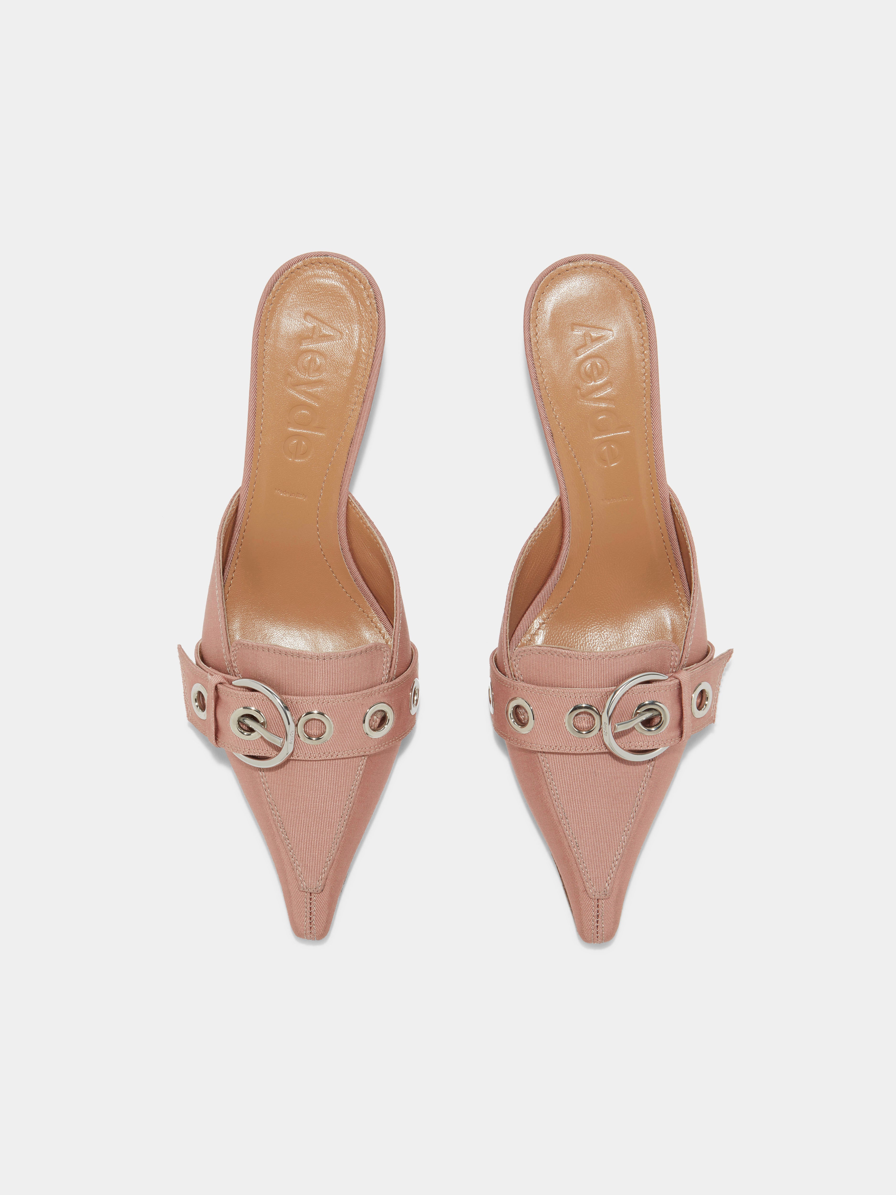 Aeyde | Danielle Grosgrain Mules Leather Pumps for Women | Coral Grosgrain | Pointed Toe | Low Heel | Front View
