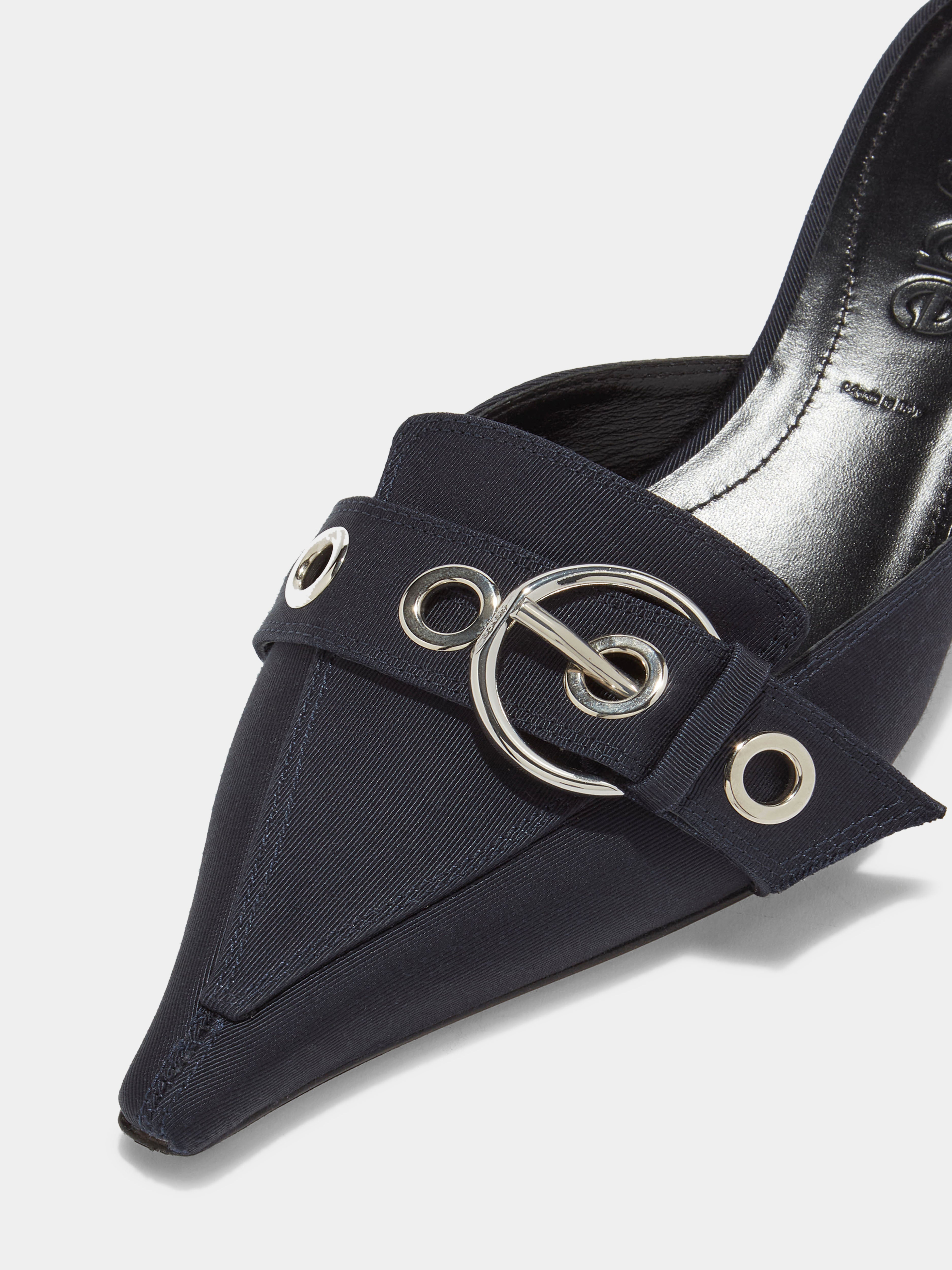 Aeyde | Danielle Grosgrain Mules Leather Pumps for Women | Navy Grosgrain | Pointed Toe | Low Heel | Luxury Materials | Handmade in Italy