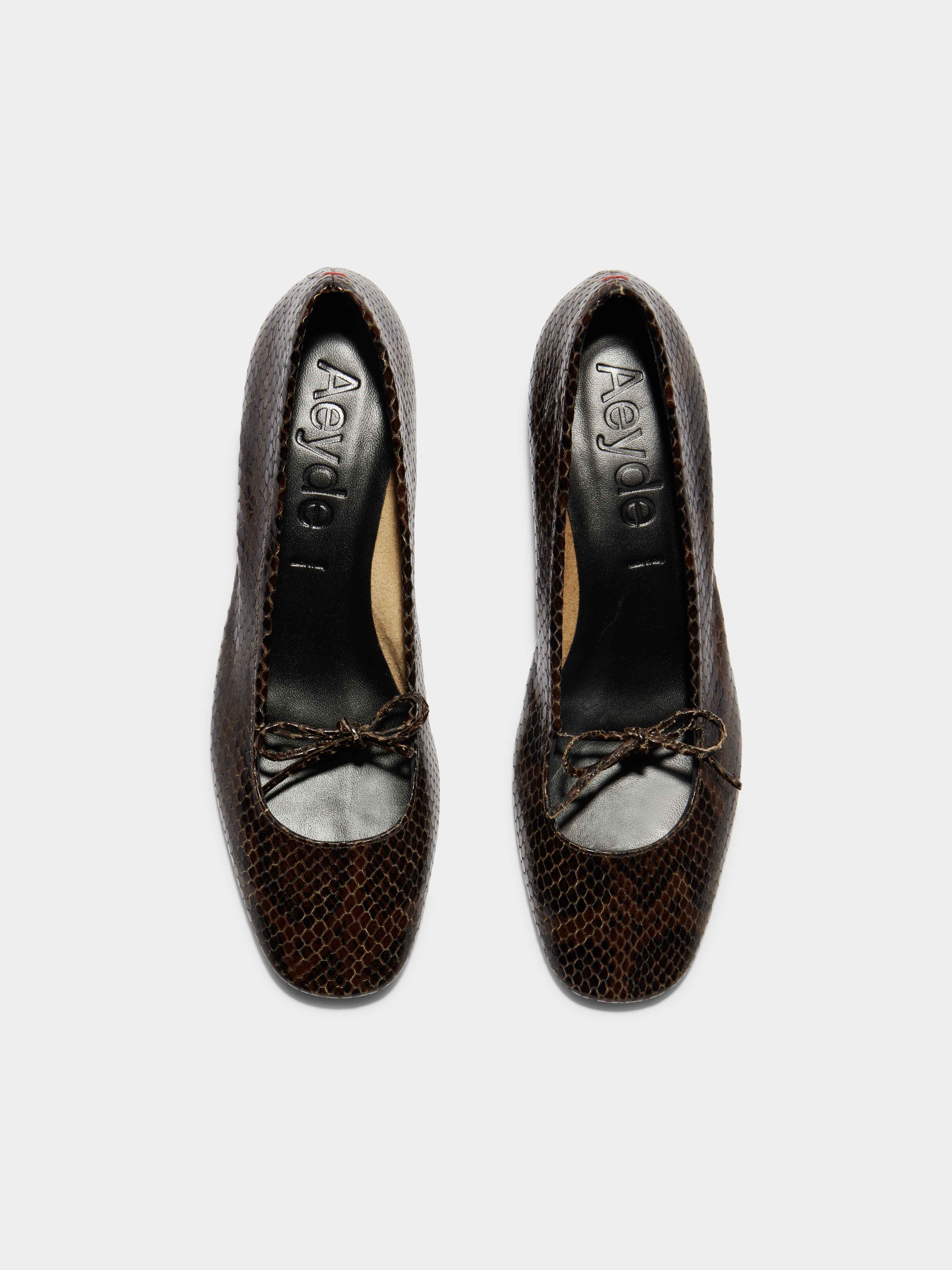 Aeyde | Darya Leather Ballet Flats Leather Flats for Women | Moka Snake | Round Toe | Low Heel | Front View