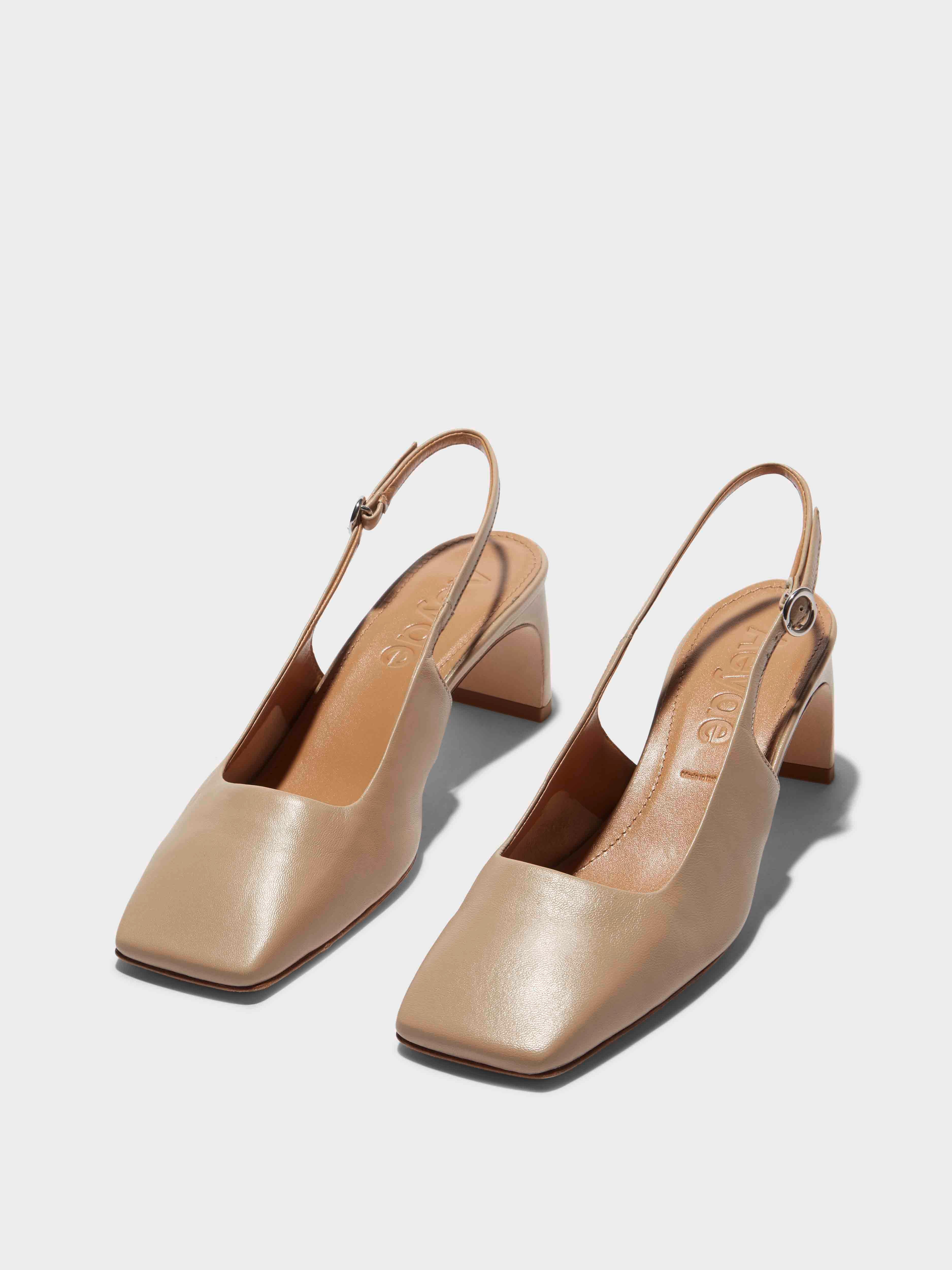 Aeyde | Eliza Leather Slingback Pumps Leather Pumps for Women | Latte Nappa | Square Toe | Mid Heel | On Feet